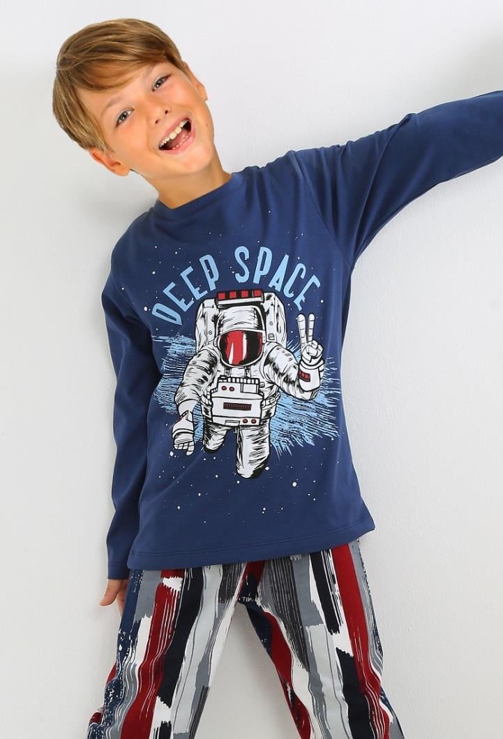 Erkek Çocuk Uzun Kollu %100 Pamuklu Pijama Takımı Deep Space İndigo