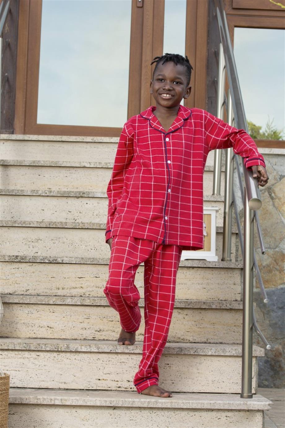 Erkek Çocuk Uzun Kollu Düğmeli Pijama Takımı Mia Kareli Kırmızı