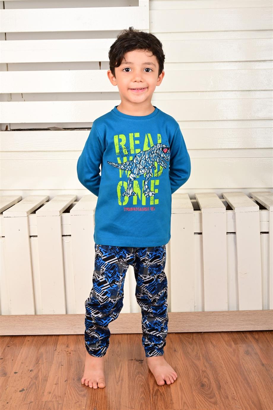 Erkek Çocuk Uzun Kollu Pijama Takımı Dino Rex İndigo