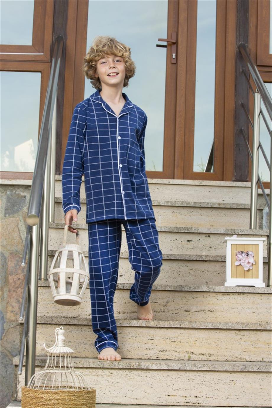 Erkek Çocuk Uzun Kollu Pijama Takımı Mia Kareli Lacivert