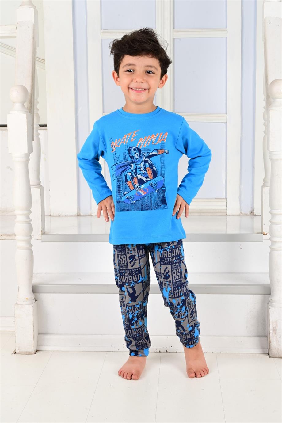 Erkek Çocuk Uzun Kollu Pijama Takımı Skate Ninja Mavi