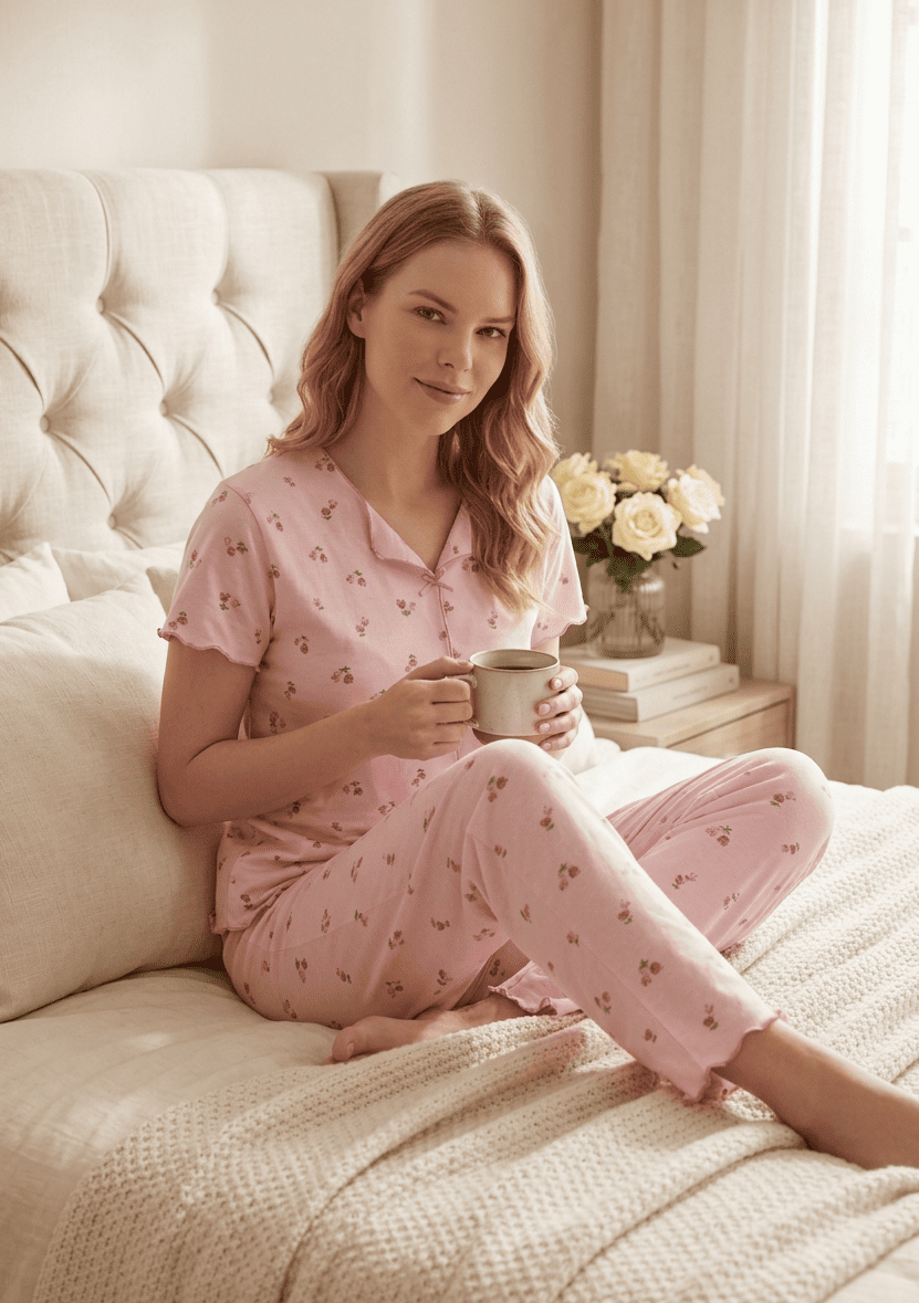 Kadın Pamuklu Önden Dikişli Kısa Kollu Pijama Takımı Yeni Sezon