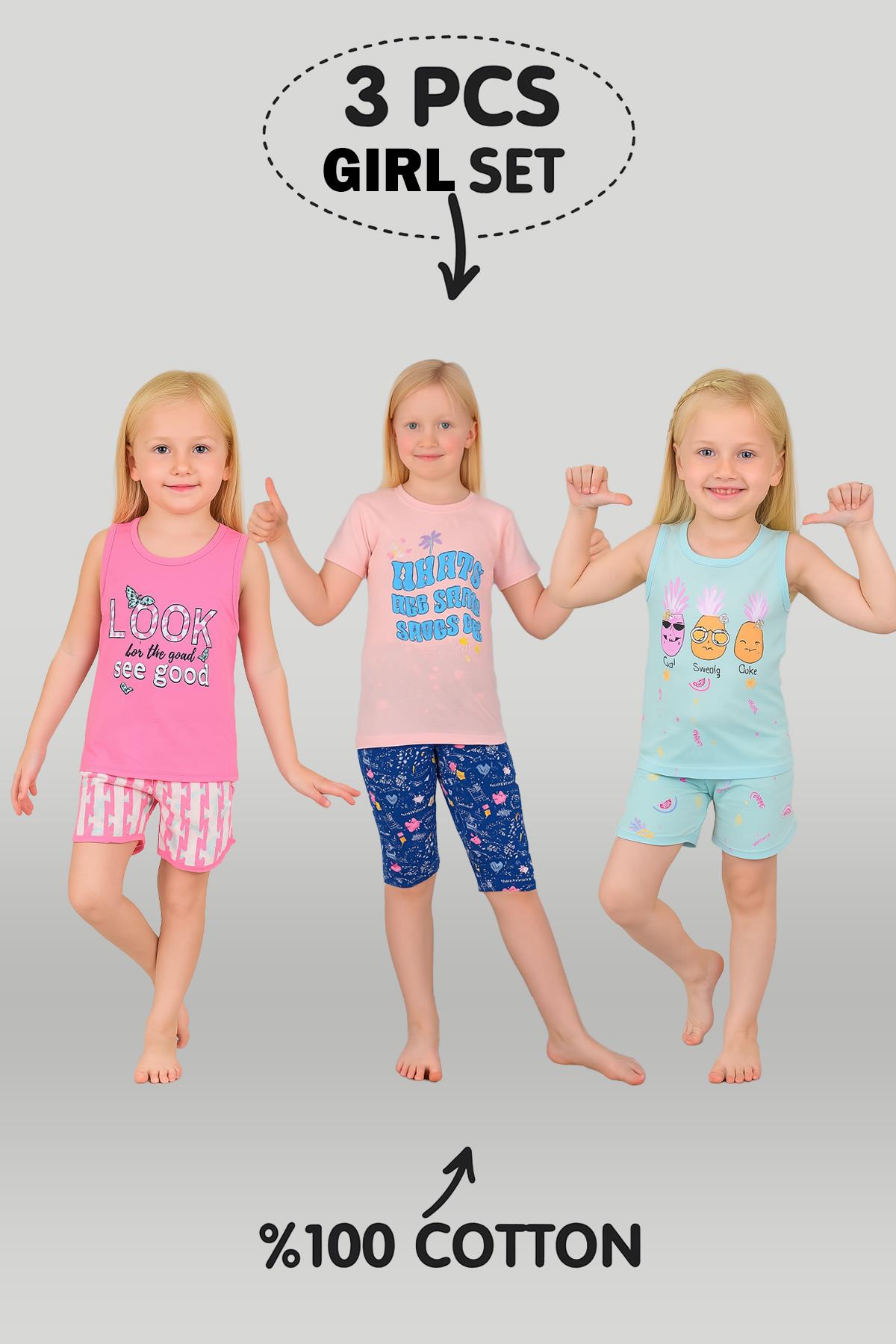 Kız Çocuk 3'lü %100 Pamuklu 1-2-3 Yaş Pijama Takımı Model:128