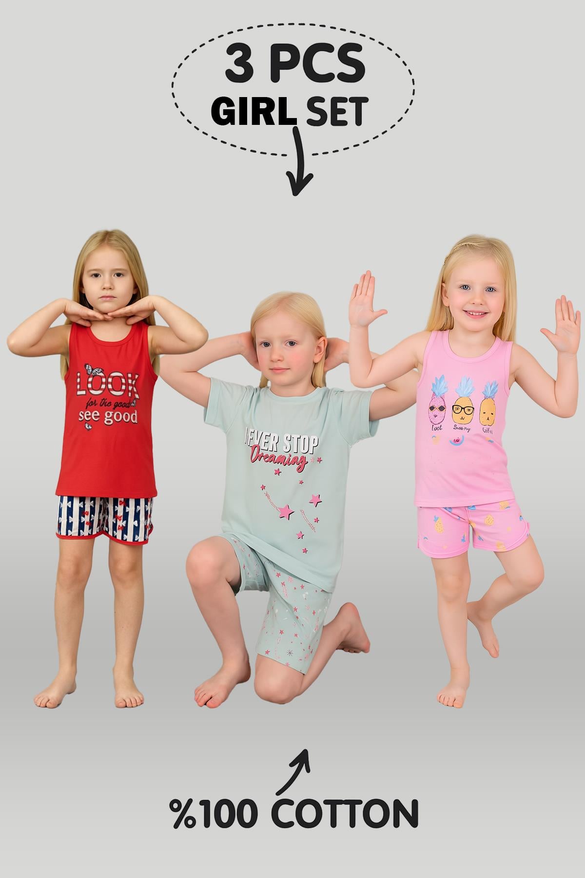 Kız Çocuk 3'lü %100 Pamuklu 1-2-3 Yaş Pijama Takımı Model:129