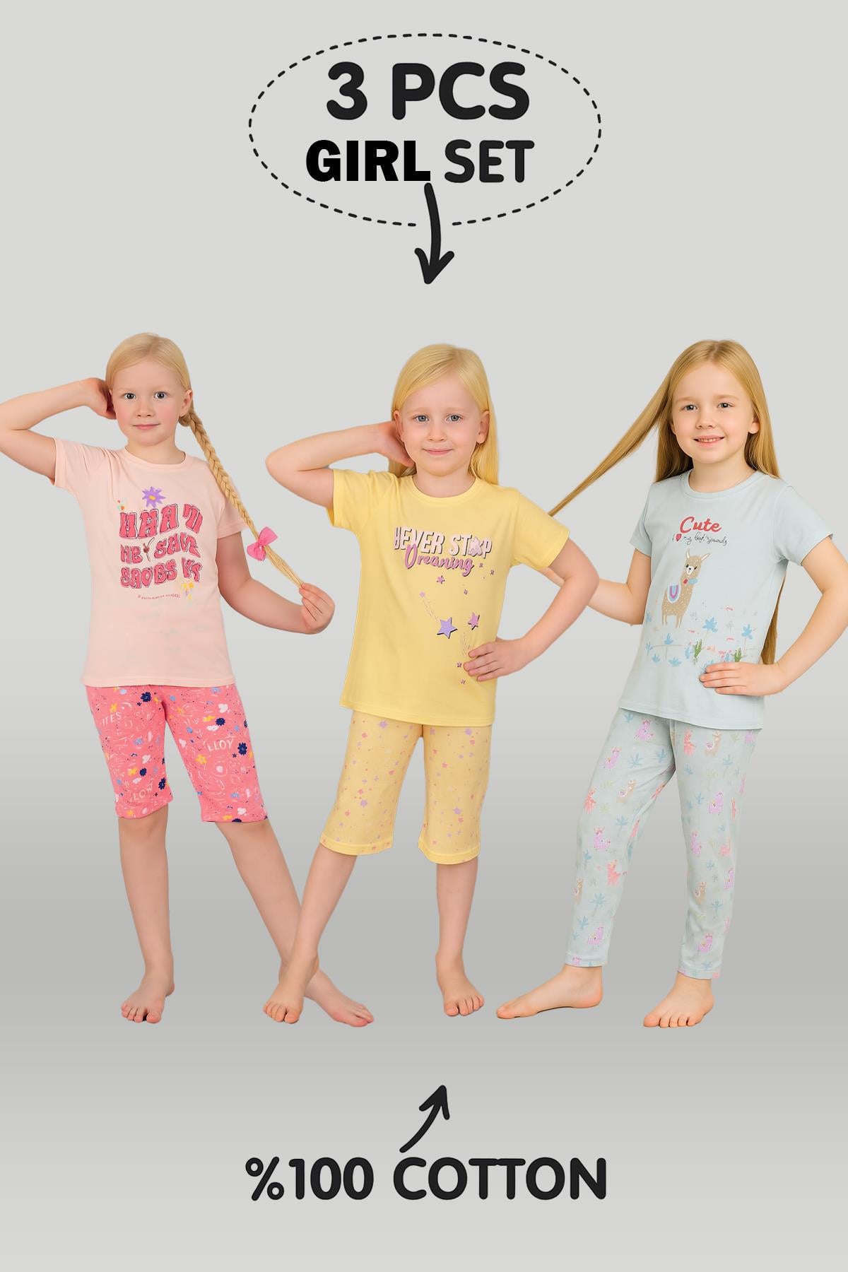 Kız Çocuk 3'lü %100 Pamuklu 10-11-12 Yaş Pijama Takımı Model:121