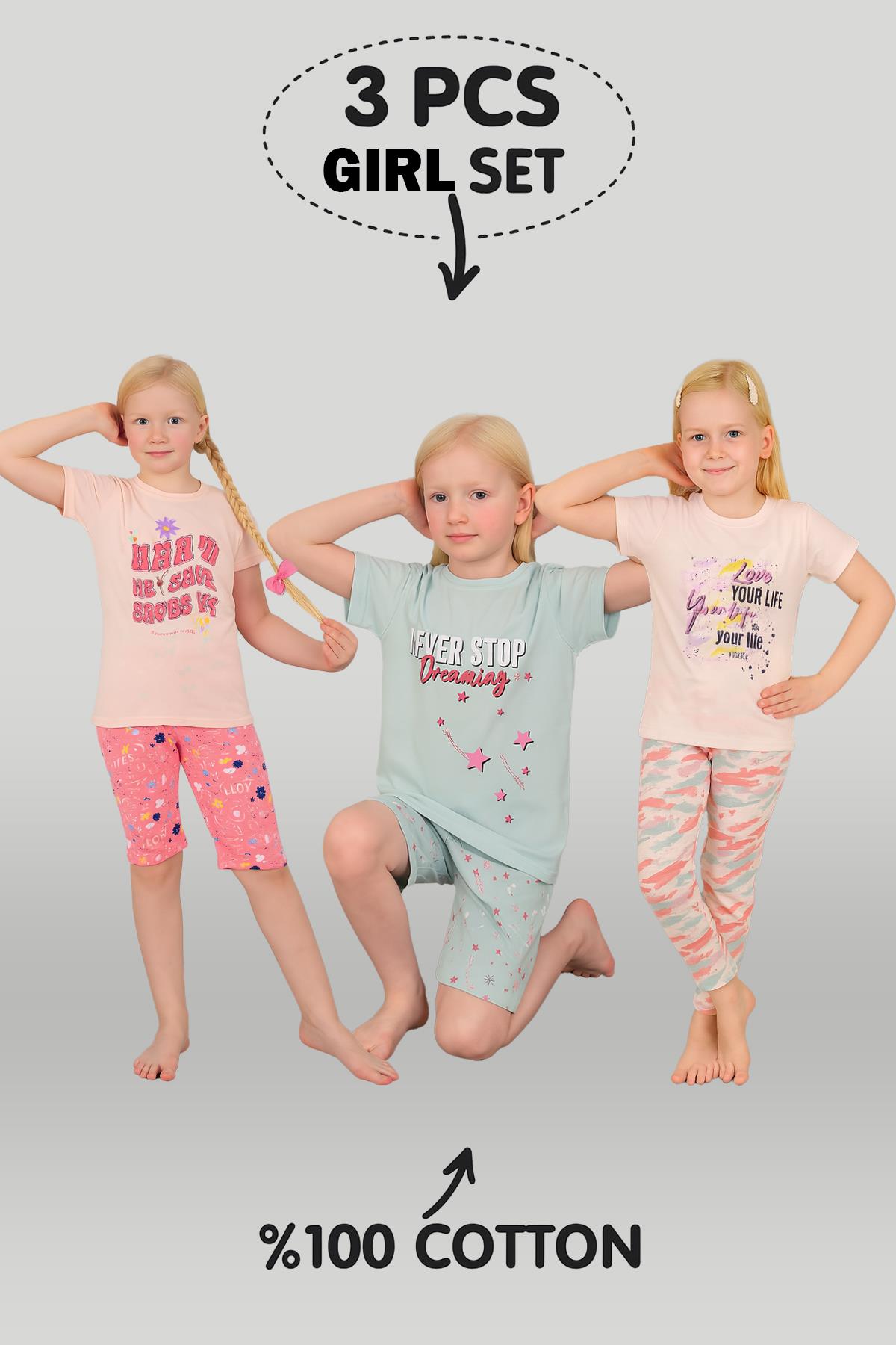 Kız Çocuk 3'lü %100 Pamuklu 10-11-12 Yaş Pijama Takımı Model:119