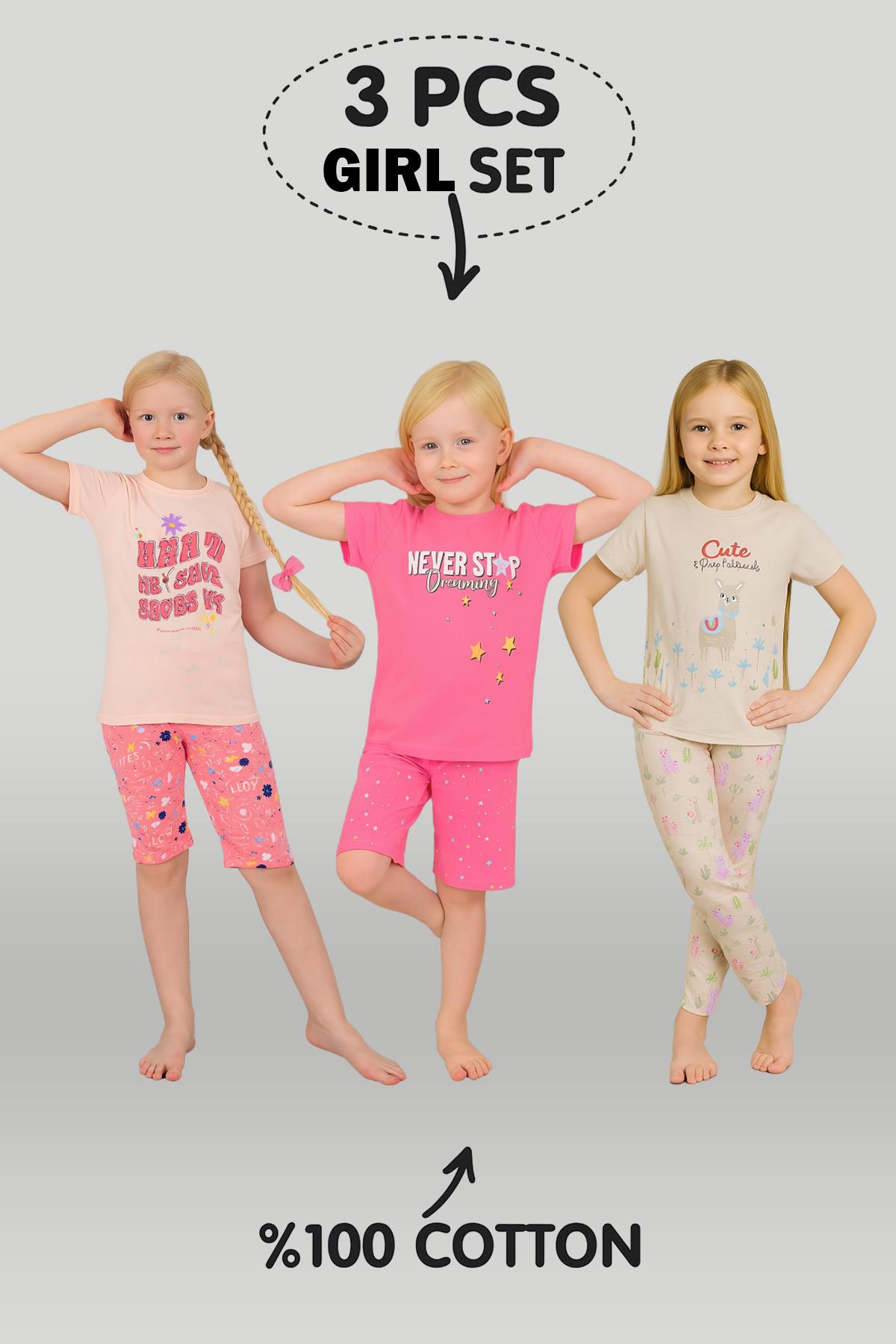 Kız Çocuk 3'lü %100 Pamuklu 10-11-12 Yaş Pijama Takımı Model:120