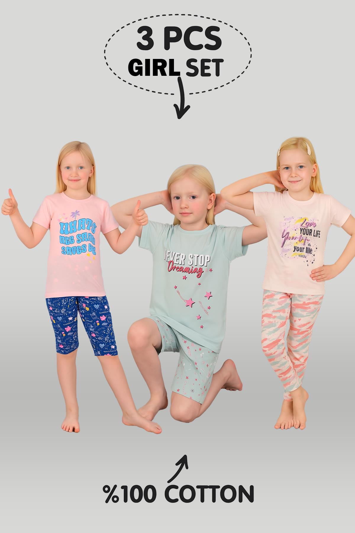 Kız Çocuk 3'lü %100 Pamuklu 13-14-15 Yaş Pijama Takımı Model:116