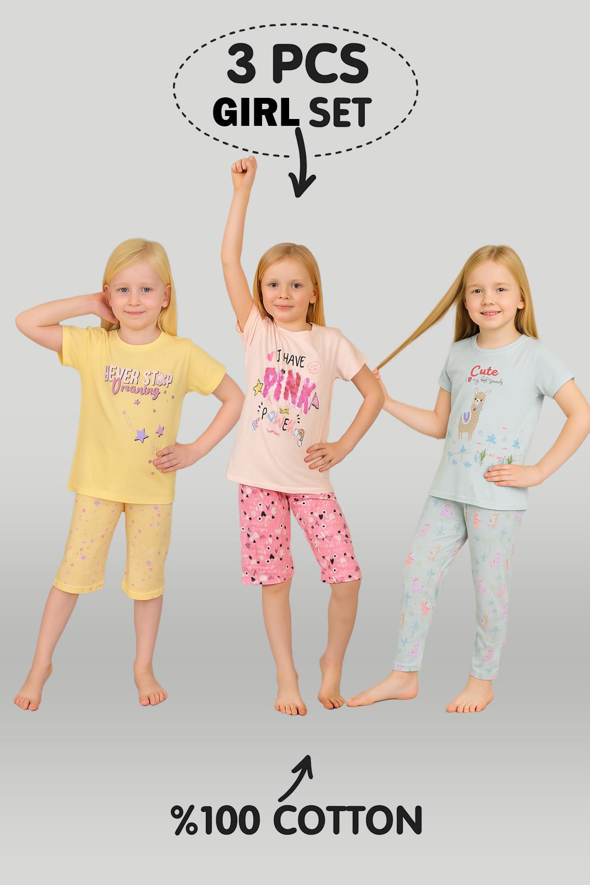 Kız Çocuk 3'lü %100 Pamuklu 13-14-15 Yaş Pijama Takımı Model:118