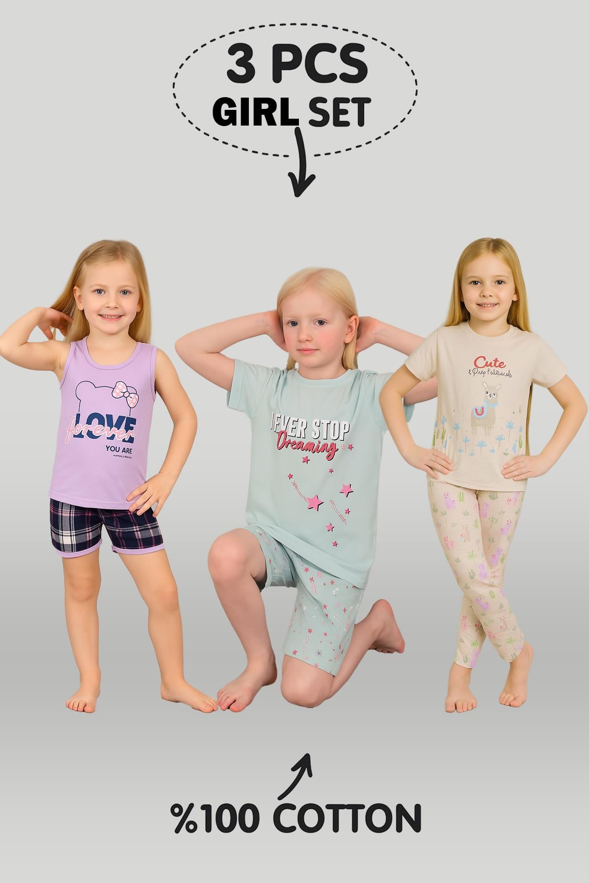 Kız Çocuk 3'lü %100 Pamuklu 4-5-6 Yaş Pijama Takımı Model:125