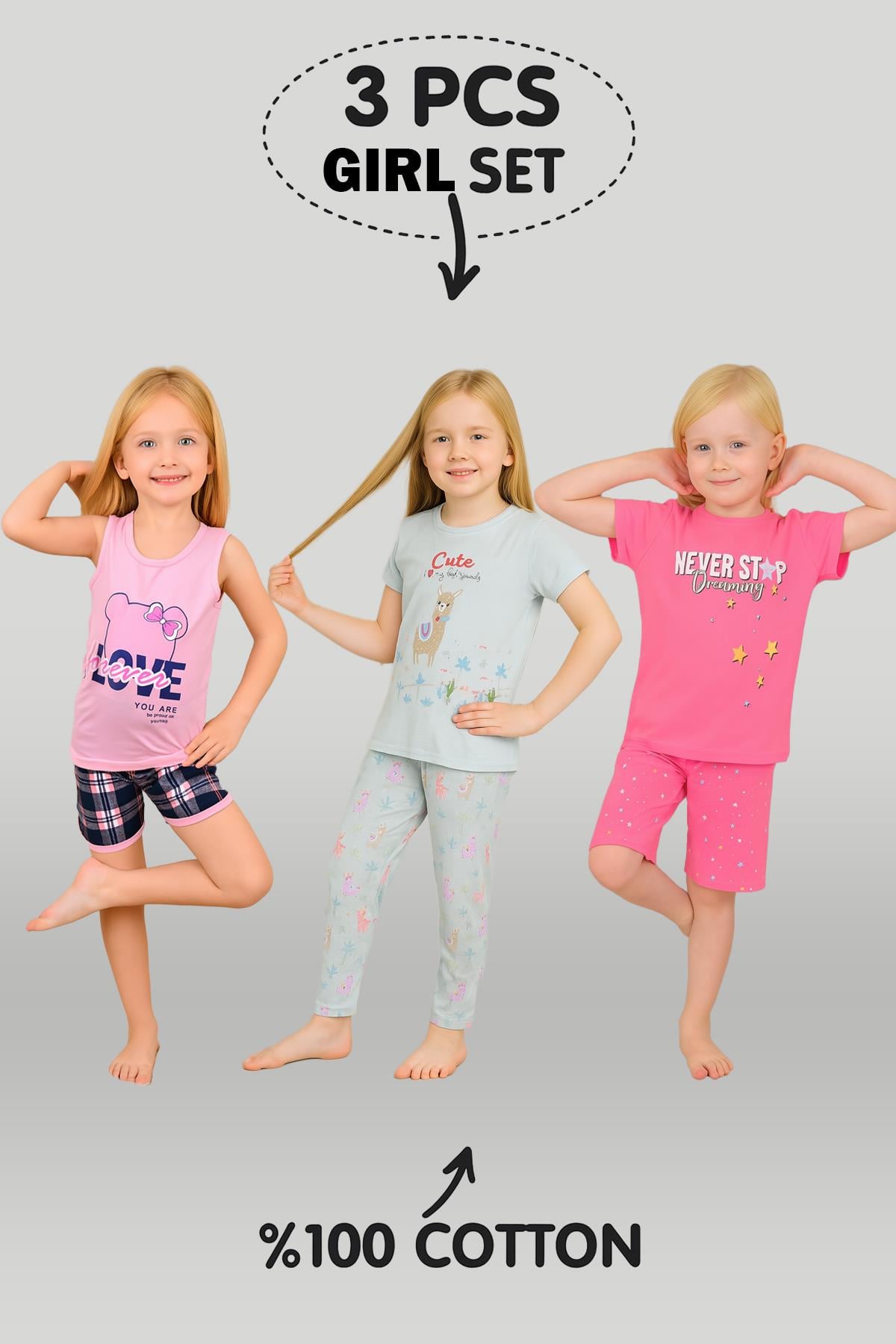 Kız Çocuk 3'lü %100 Pamuklu 4-5-6 Yaş Pijama Takımı Model:126