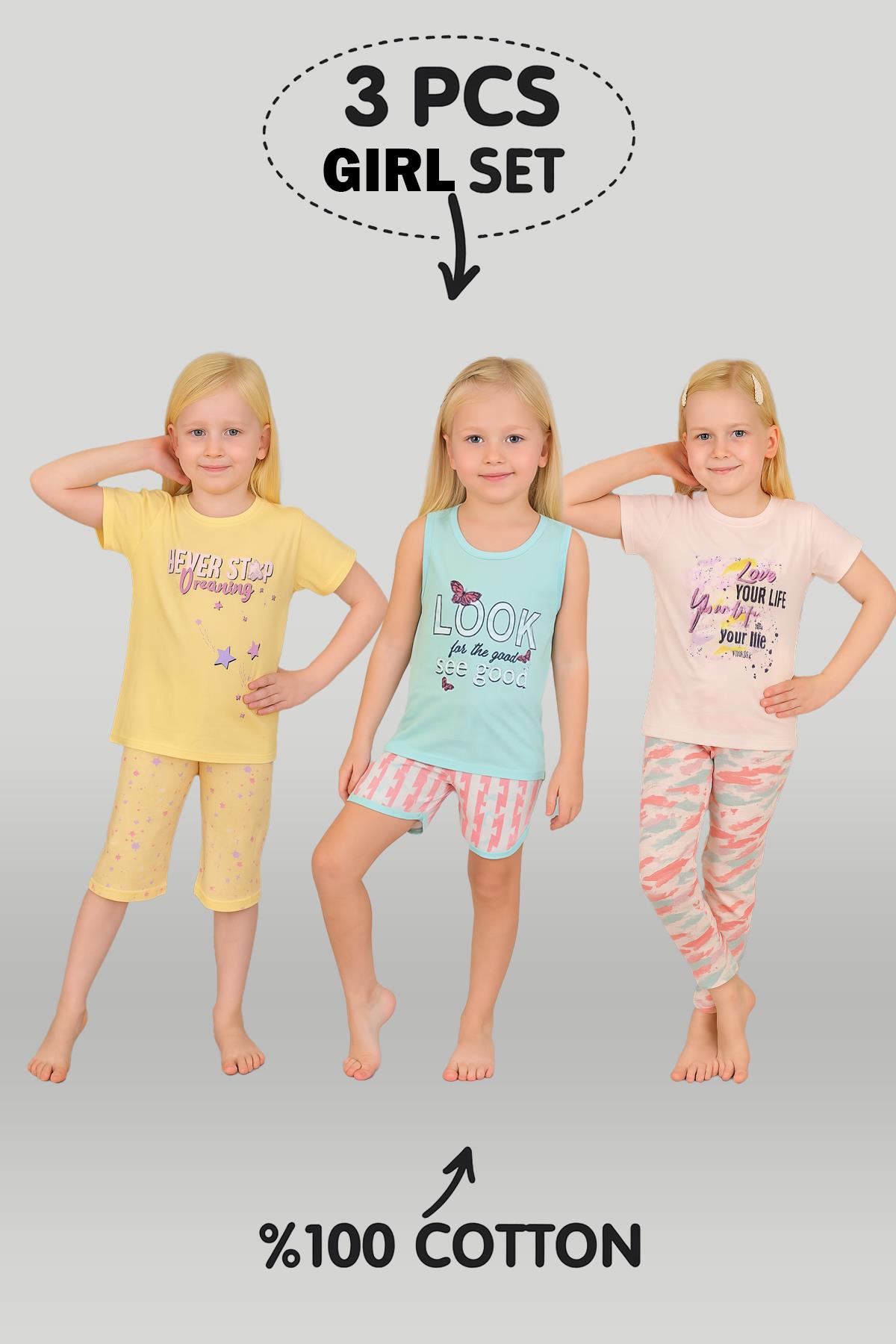 Kız Çocuk 3'lü %100 Pamuklu 4-5-6 Yaş Pijama Takımı Model:127