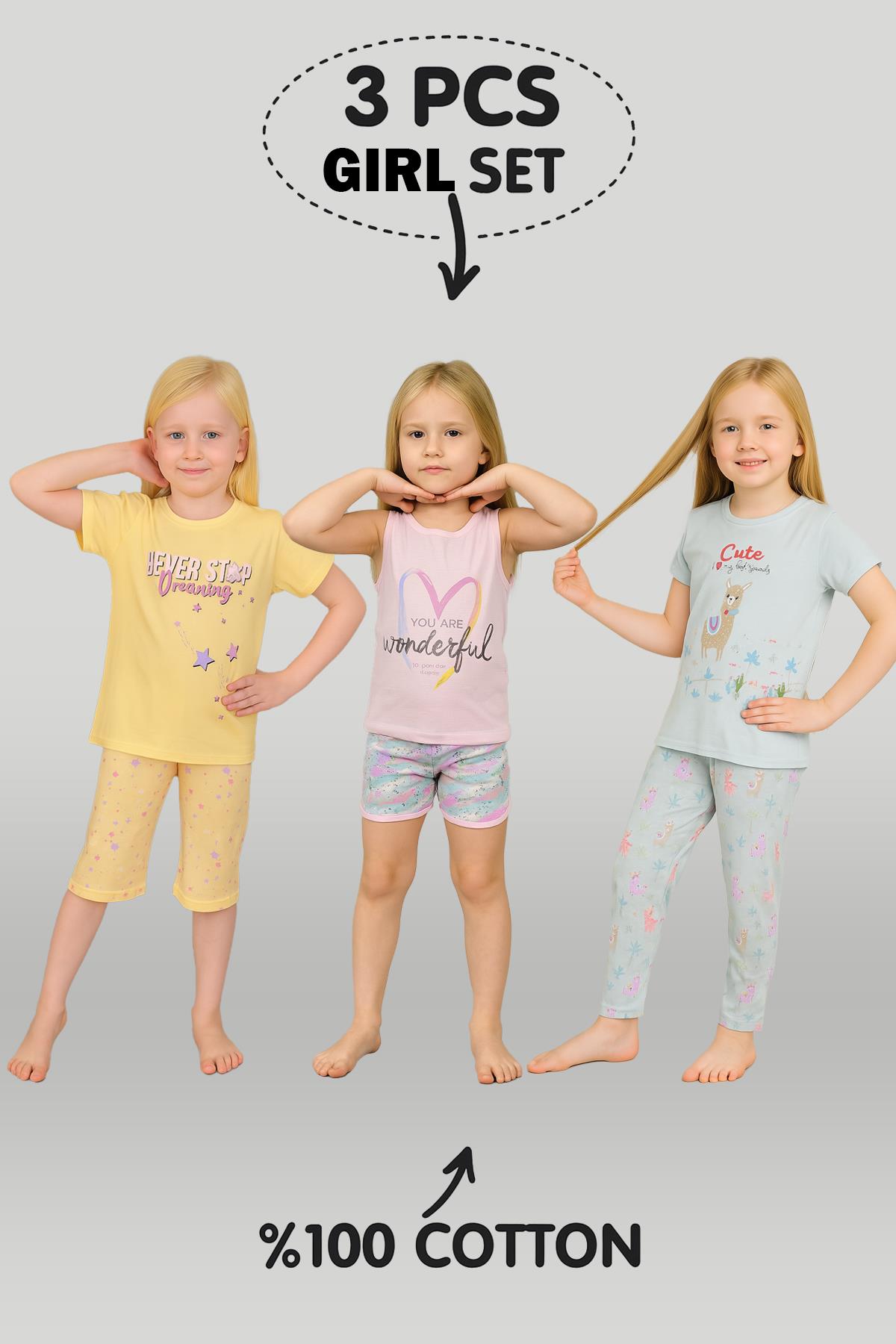 Kız Çocuk 3'lü %100 Pamuklu 7-8-9 Yaş Pijama Takımı Model:123