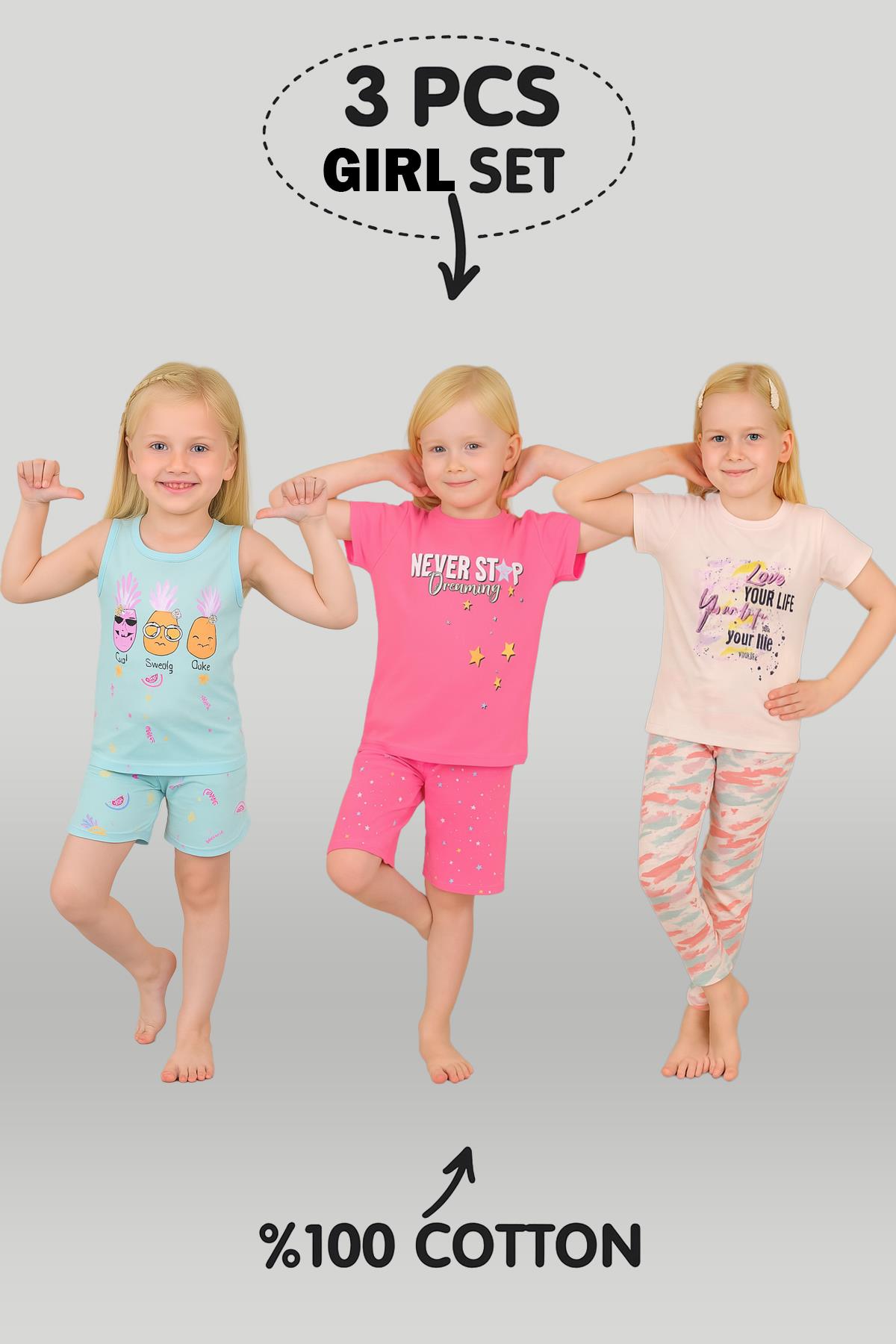 Kız Çocuk 3'lü %100 Pamuklu 7-8-9 Yaş Pijama Takımı Model:124