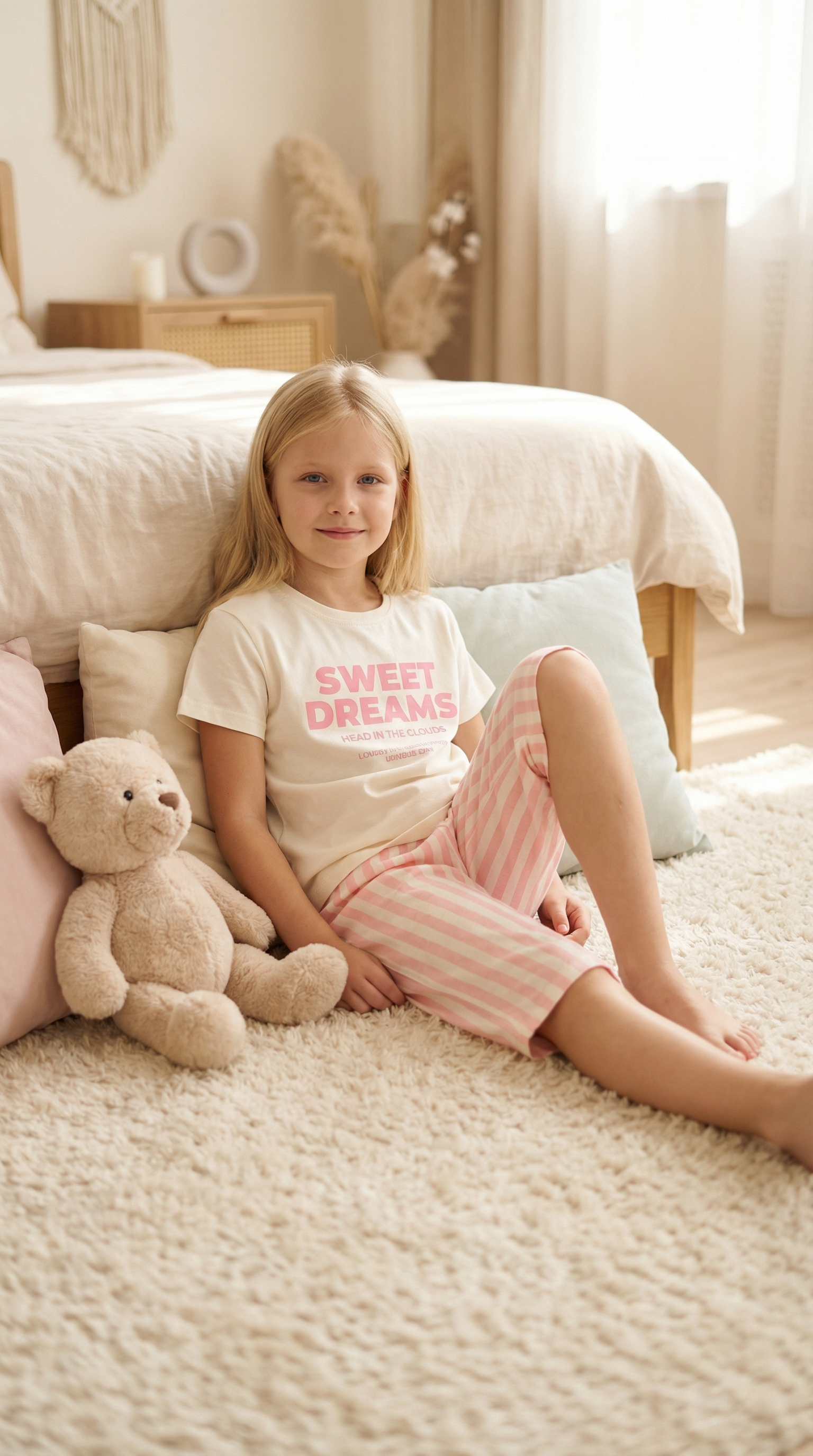 Kız Çocuk Kısa Kollu %100 Pamuk Kapri Pijama Takımı Sweet Dreams
