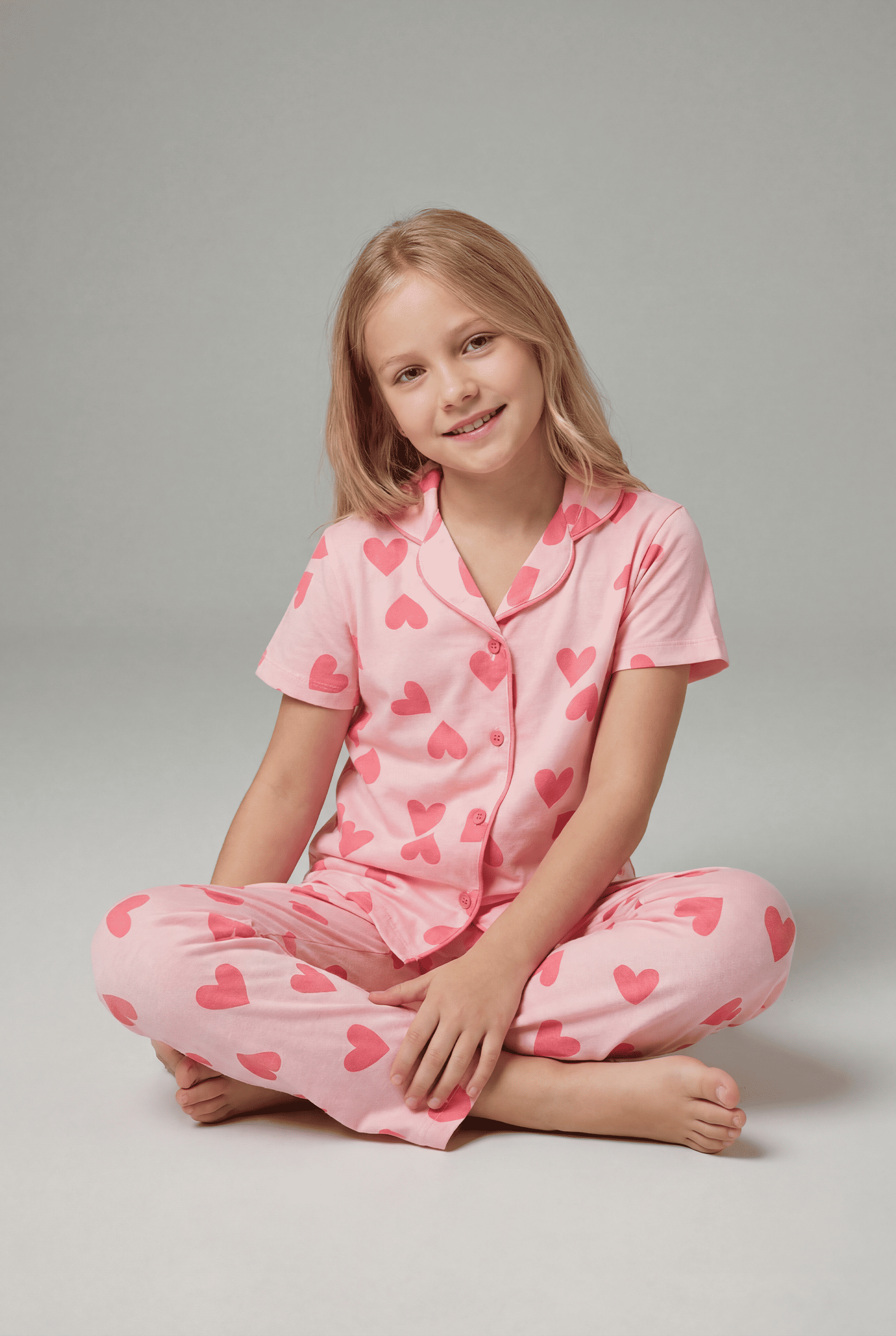 Kız Çocuk Kısa Kollu %100 Pamuklu Düğmeli Pijama Takımı Soft Heart