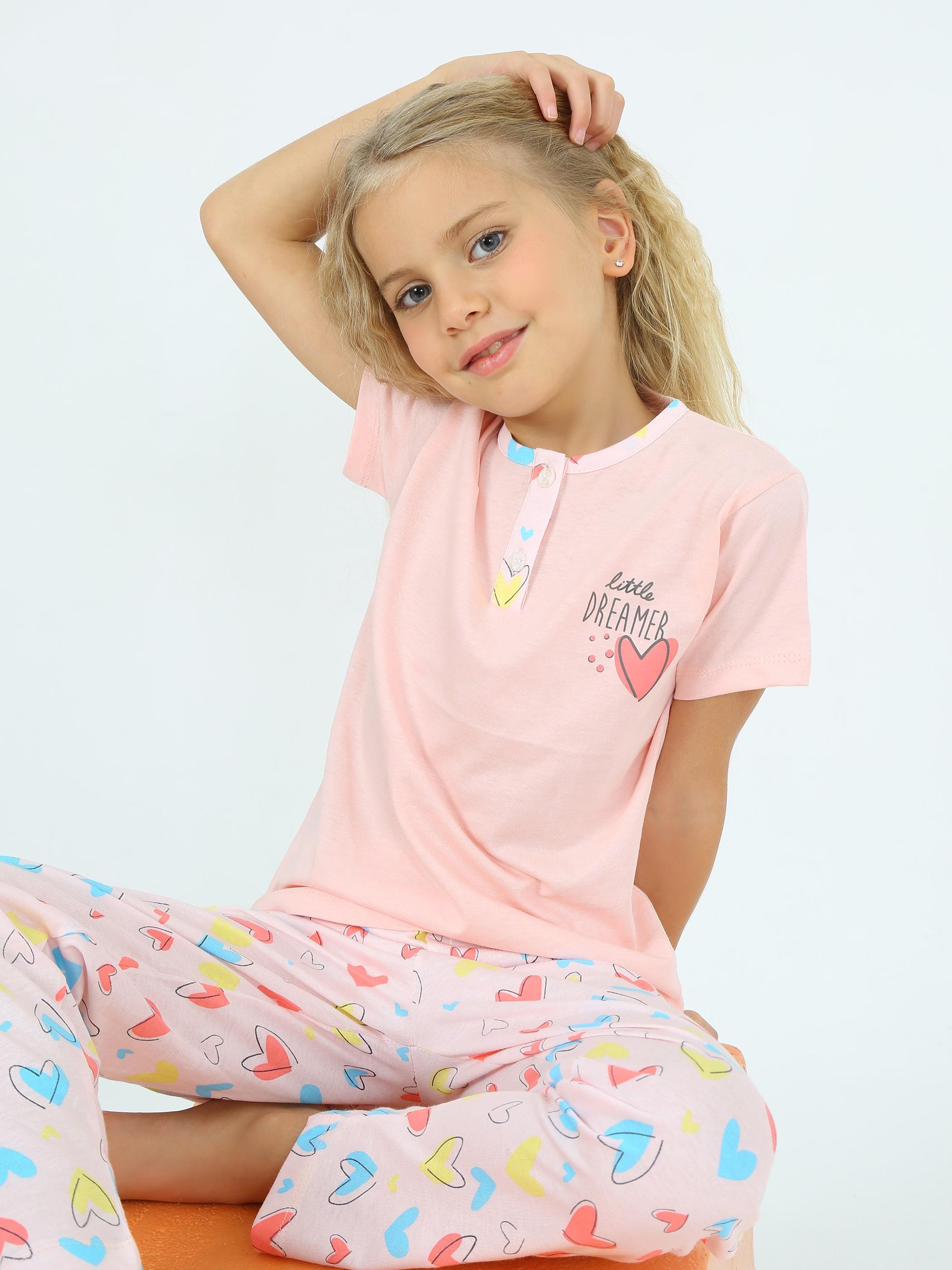 Kız Çocuk Kısa Kollu %100 Pamuklu Düğme Detaylı Little Dreamer Pijama Takımı Somon