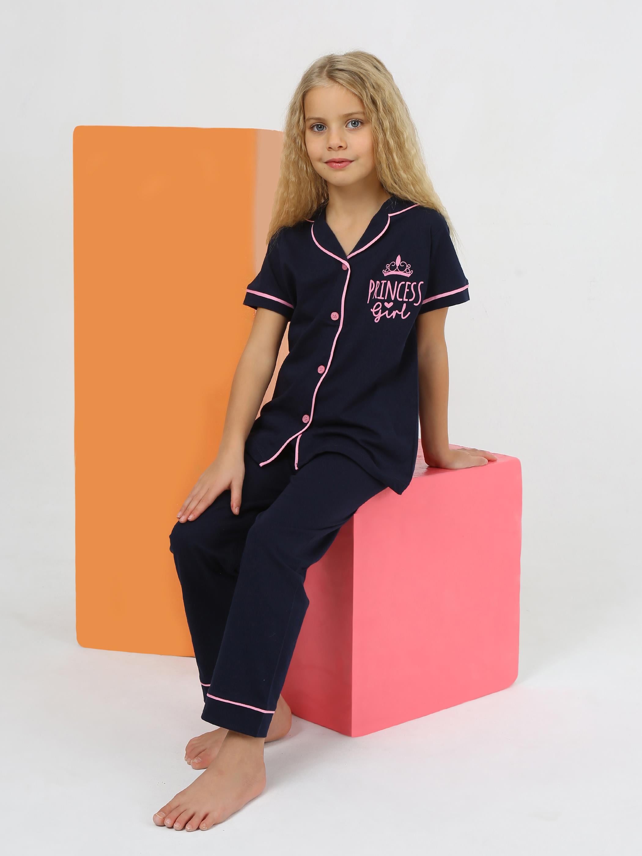 Kız Çocuk Kısa Kollu %100 Pamuklu Düğmeli Pijama Takımı Princess Pembe