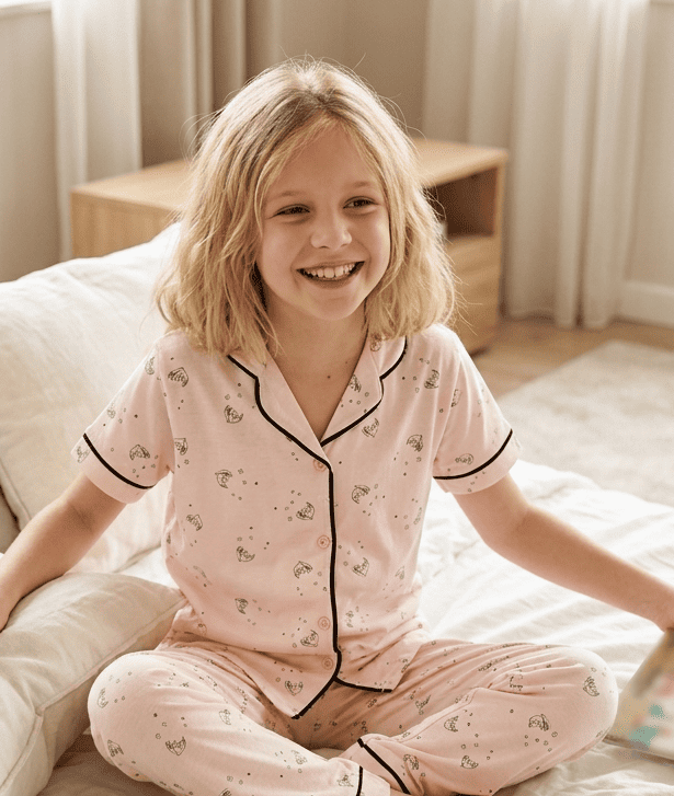 Kız Çocuk Kısa Kollu Düğmeli %100 Pamuklu Pijama Takımı Night Bear