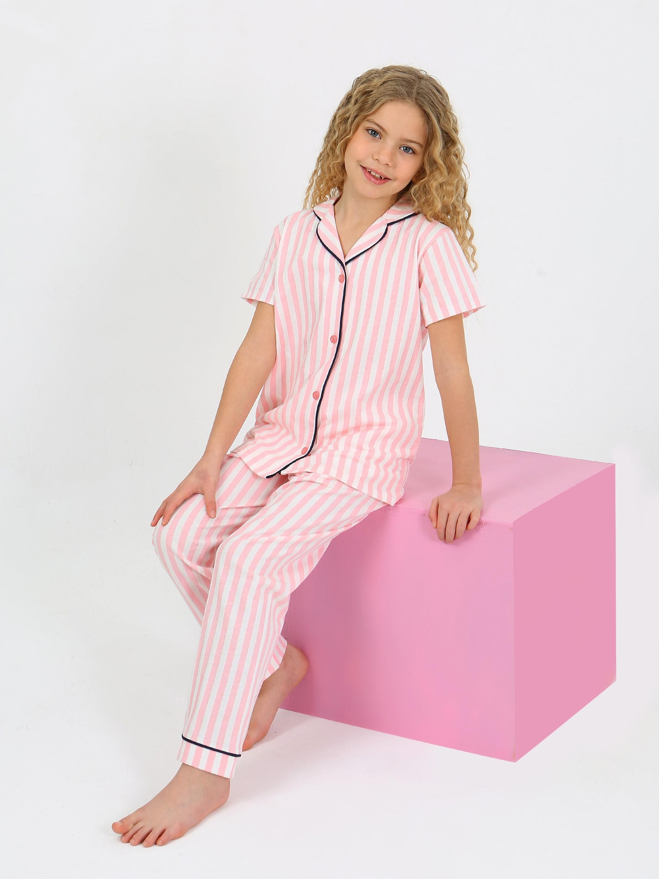 Kız Çocuk Kısa Kollu Düğmeli %100 Pamuklu Pijama Takımı Pinky