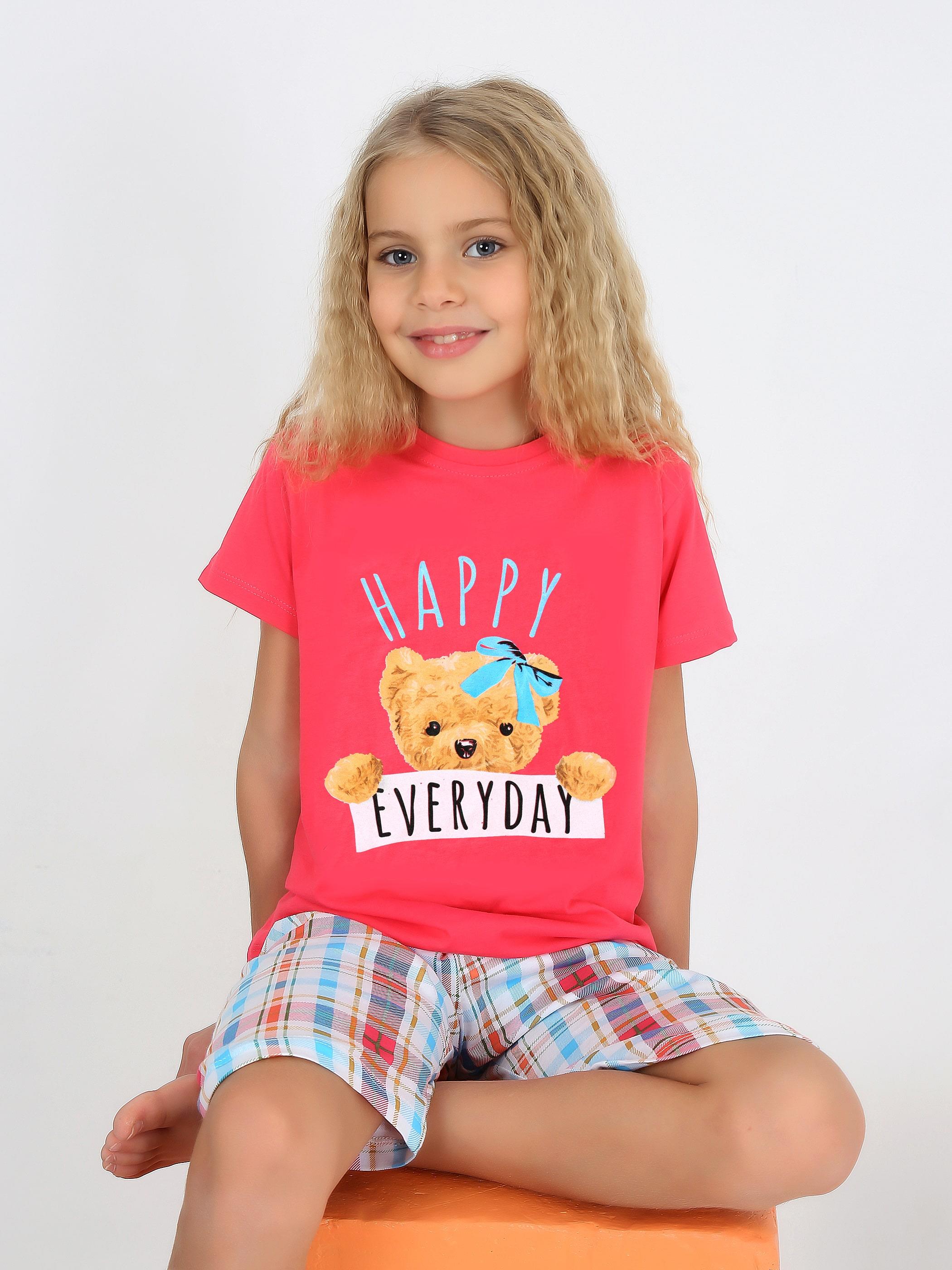 Kız Çocuk Kısa Kollu Kapri %100 Pamuklu Happy Bear Pijama Takımı Pembe