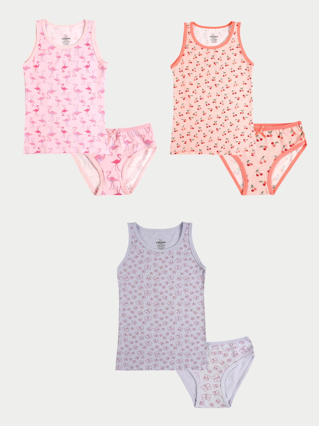 Kız Çocuk Pamuklu 3'lü Atlet 3'lü Slip Karışık Renk Cherry 6 Parça Set