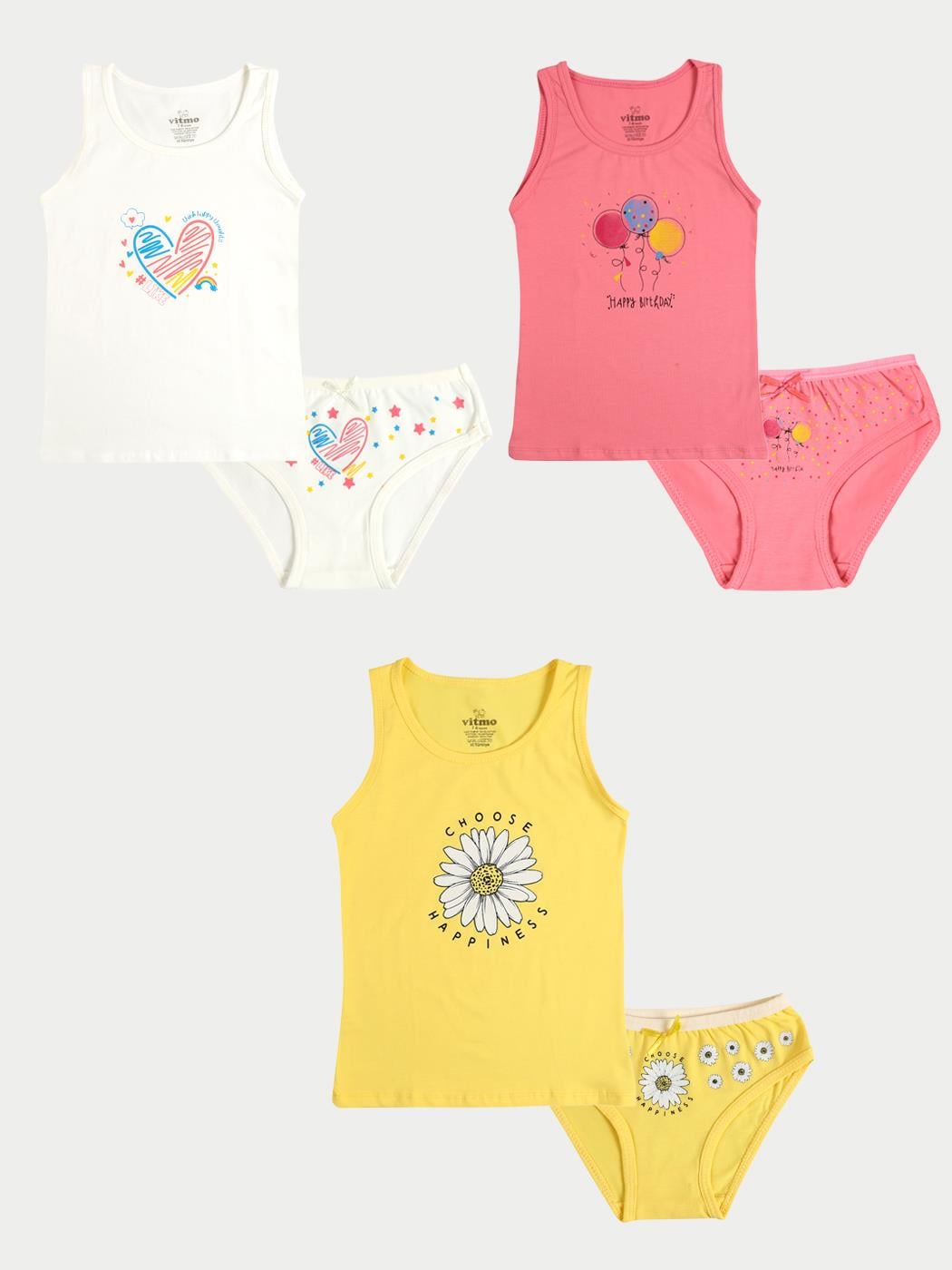 Kız Çocuk Pamuklu 3'lü Atlet 3'lü Slip Karışık Renk Happy 6 Parça Set