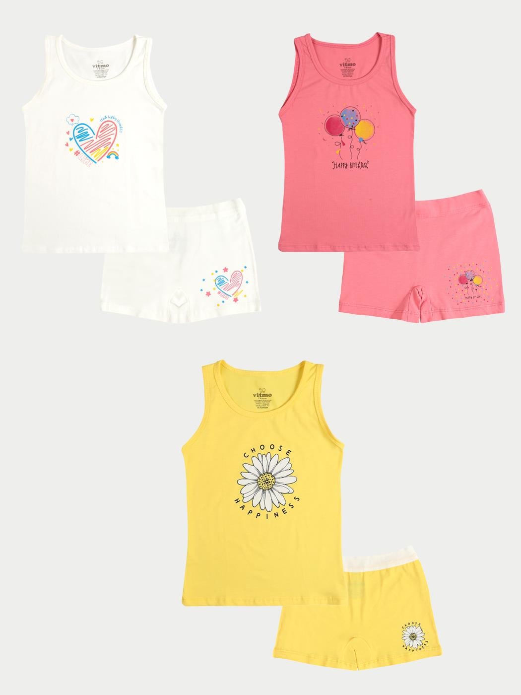 Kız Çocuk Pamuklu 3'lü Atlet 3'lü Şort Karışık Renk Happy 6 Parça Set