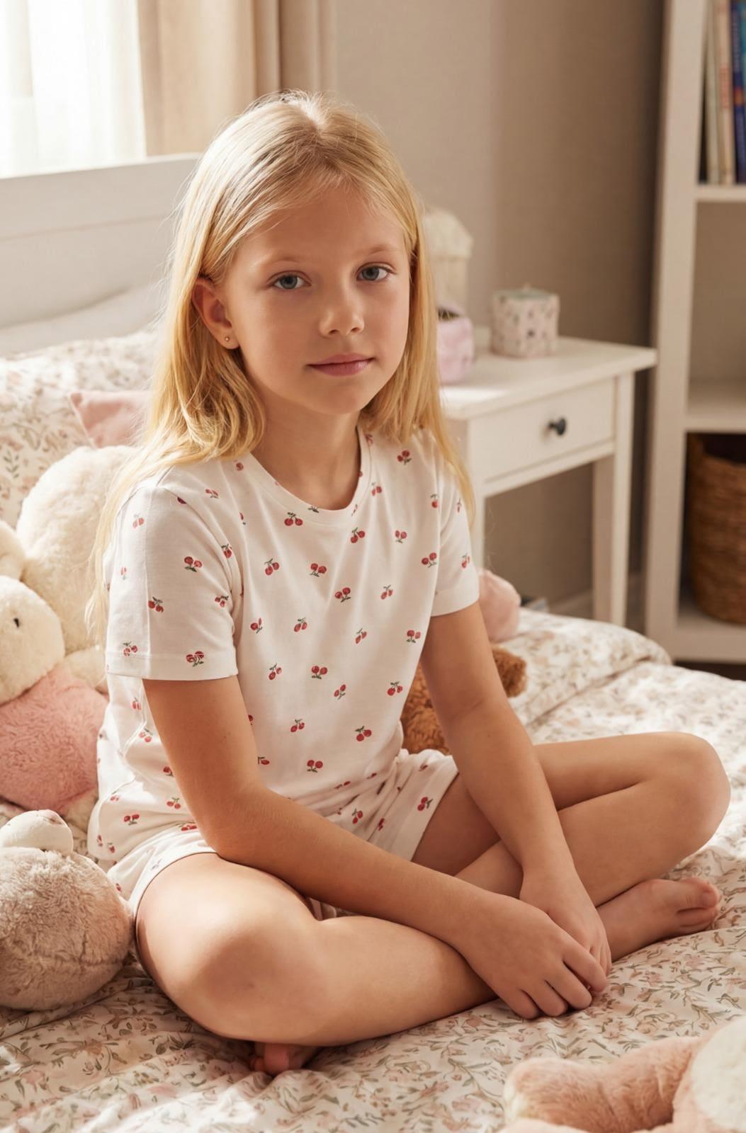 Kız Çocuk Pamuklu Basic Kısa Kollu Şortlu Ekru Pijama Takımı