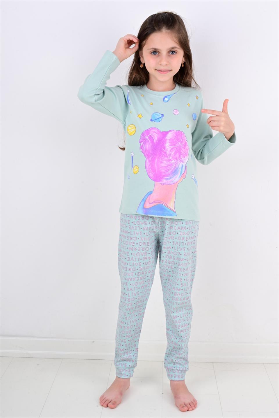 Kız Çocuk Pijama Takımı Uzun Kollu Space Girl Su Yeşili