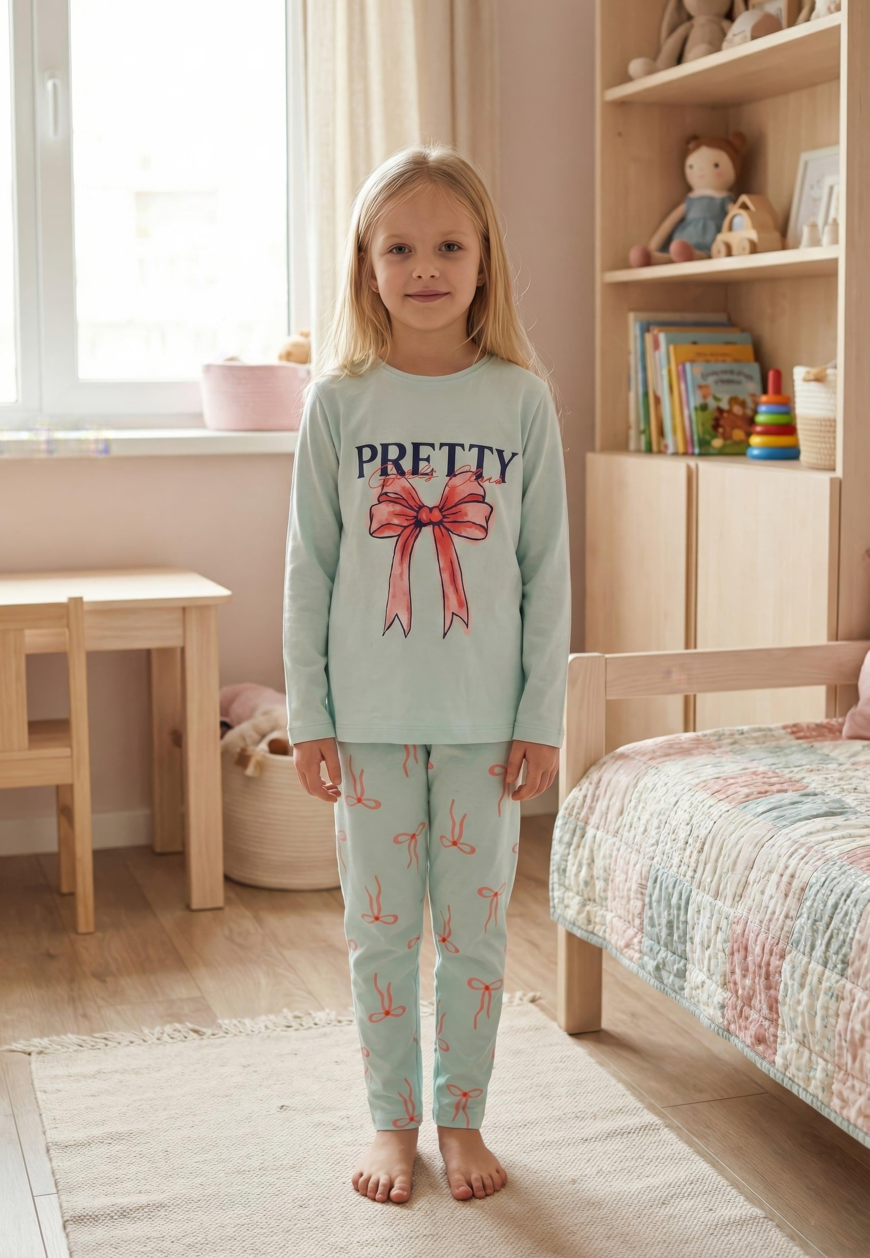 Kız Çocuk Uzun Kollu %100 Pamuk Pijama Takımı Pretty Bow