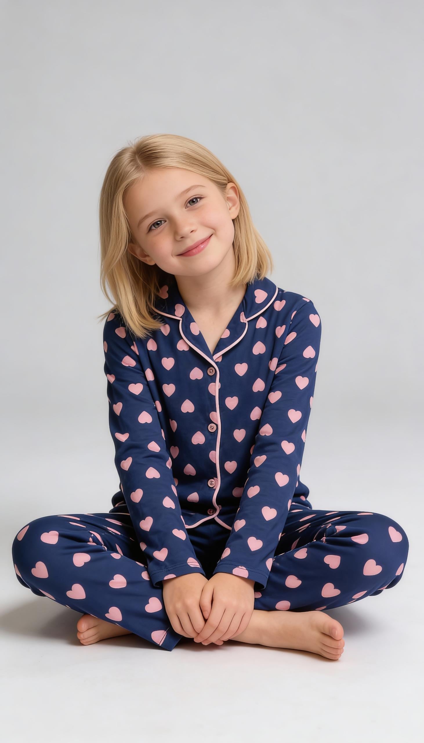 Kız Çocuk Uzun Kollu %100 Pamuklu Düğmeli Pijama Takımı Kalp Desenli Heartie
