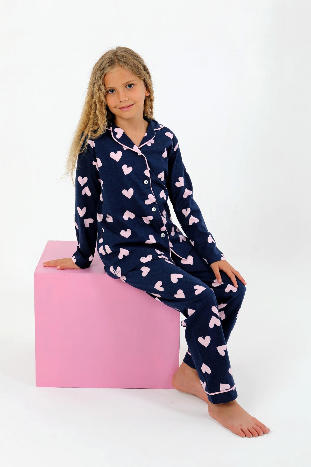Kız Çocuk Uzun Kollu %100 Pamuklu Düğmeli Pijama Takımı Heartie