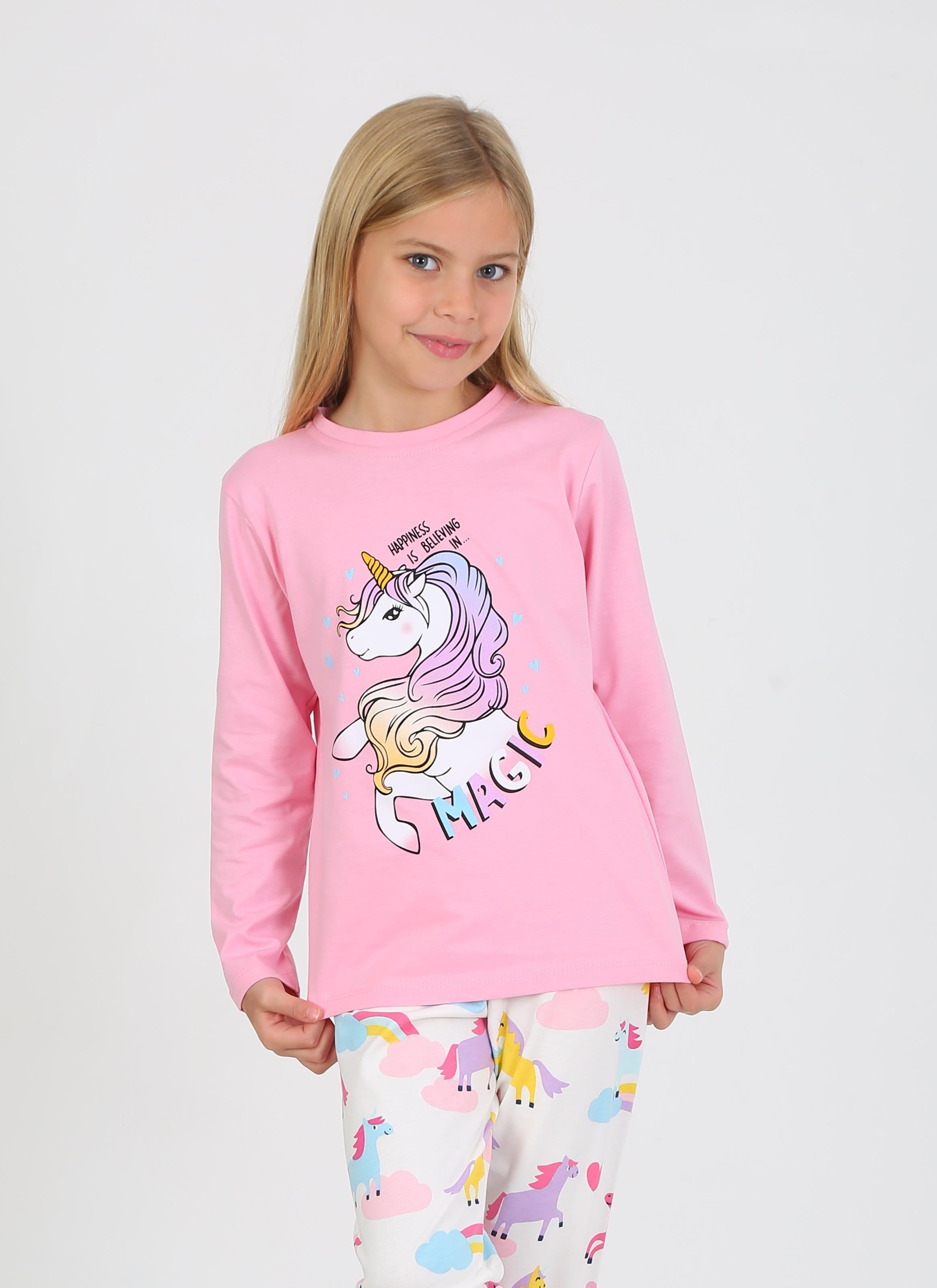 Kız Çocuk Uzun Kollu %100 Pamuklu Pijama Takımı Happines Koyu Pembe