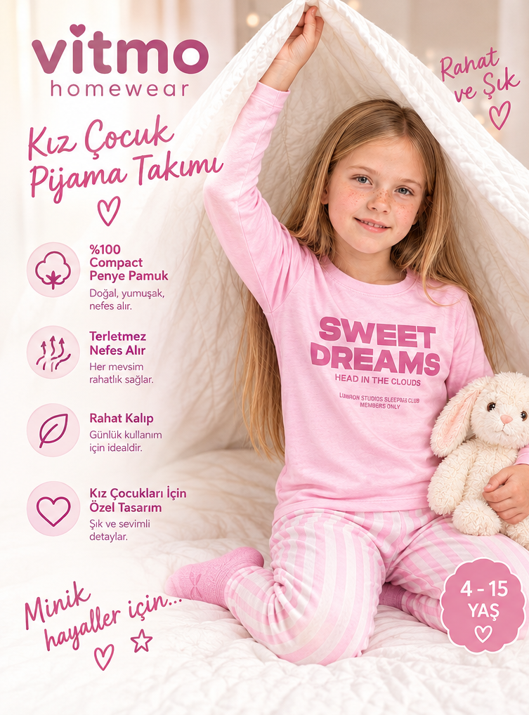 Kız Çocuk Uzun Kollu %100 Pamuklu Pijama Takımı Sweet Dream