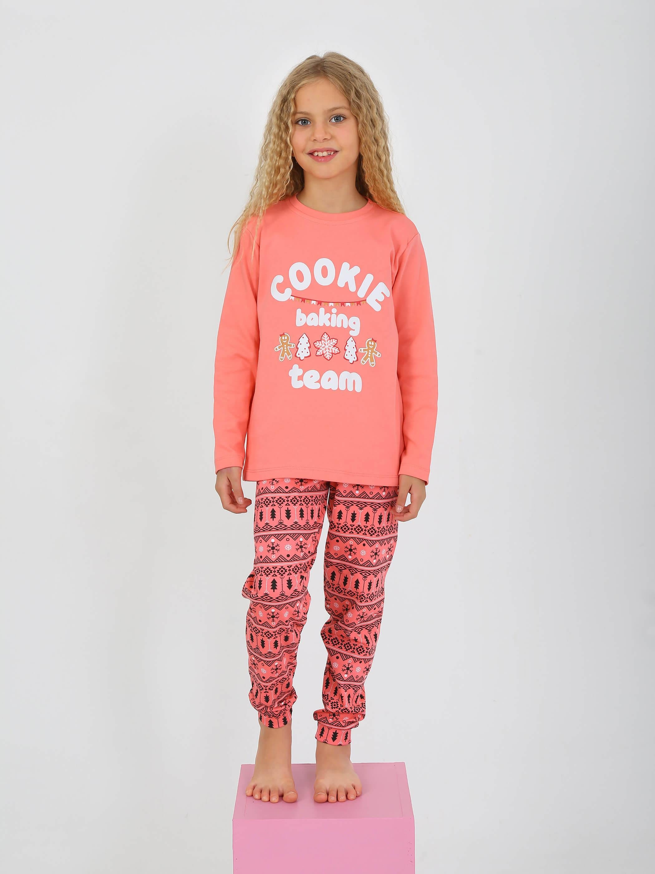 Kız Çocuk Uzun Kollu %100 Pamuklu Pijama Takımı Cookie Team