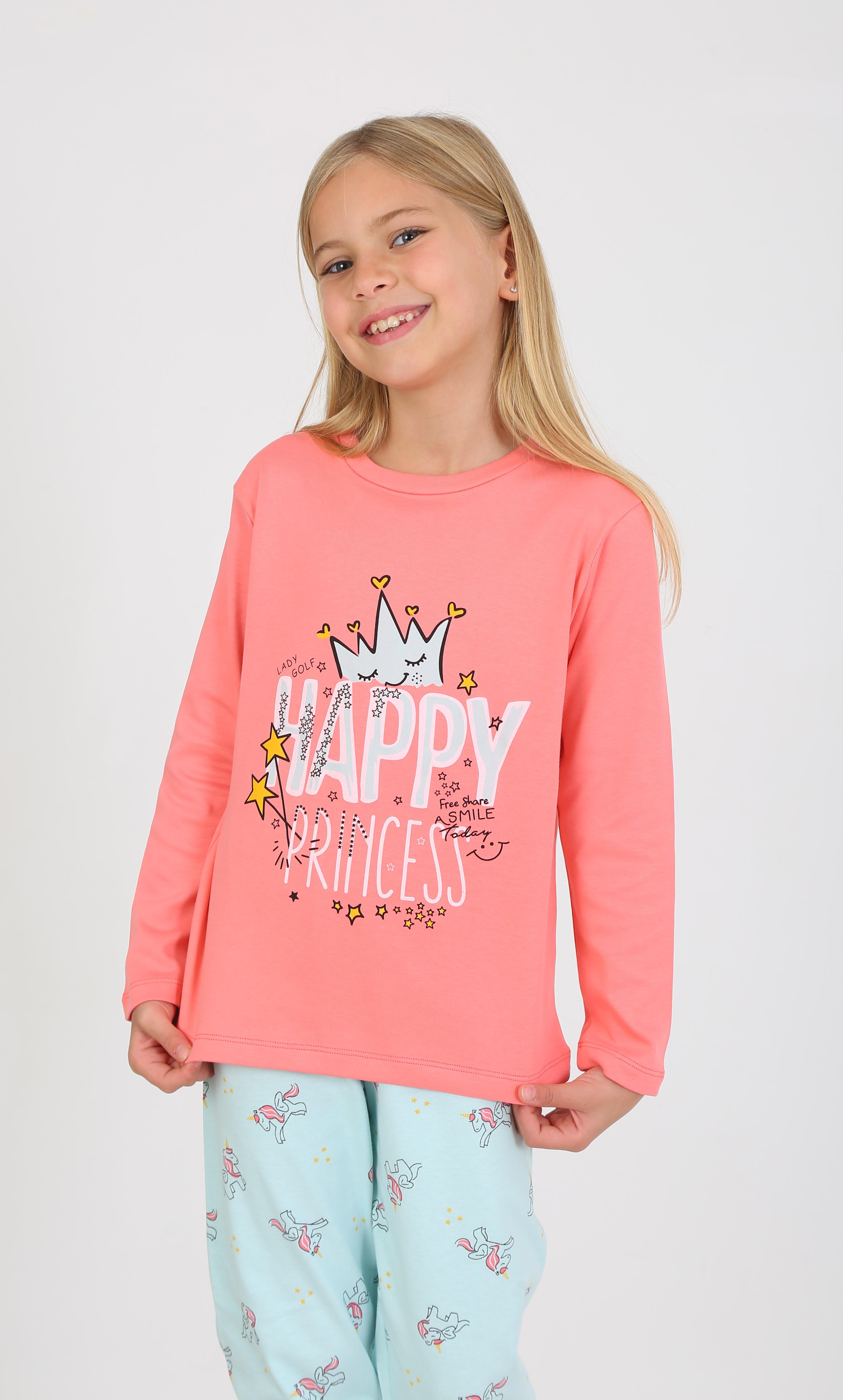 Kız Çocuk Uzun Kollu %100 Pamuklu Pijama Takımı Happy Princess Nar
