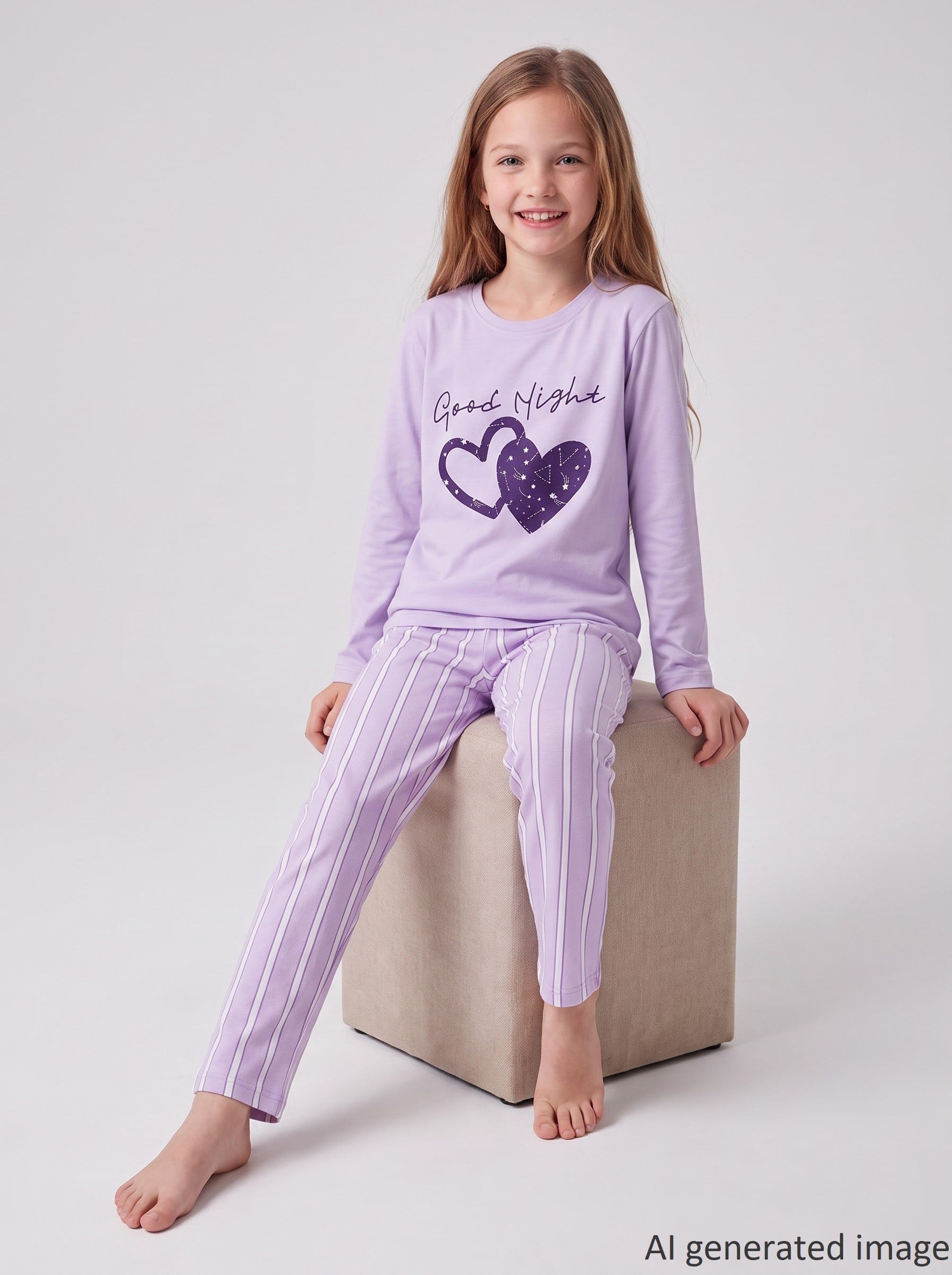 Kız Çocuk Uzun Kollu %100 Pamuklu Starry Heart Pijama Takımı