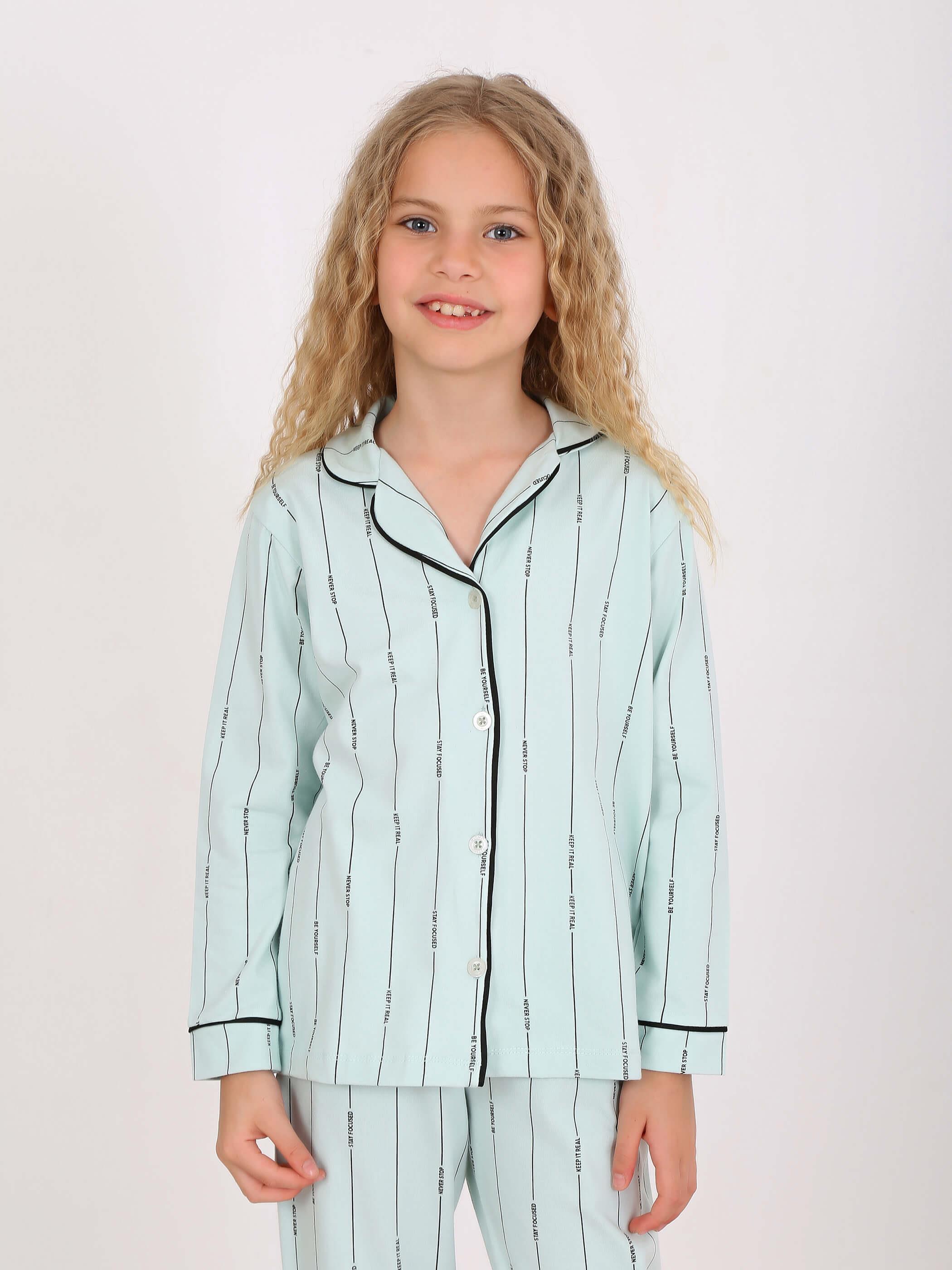 Kız Çocuk Uzun Kollu Düğmeli Pijama Takımı Stay Focused Mint