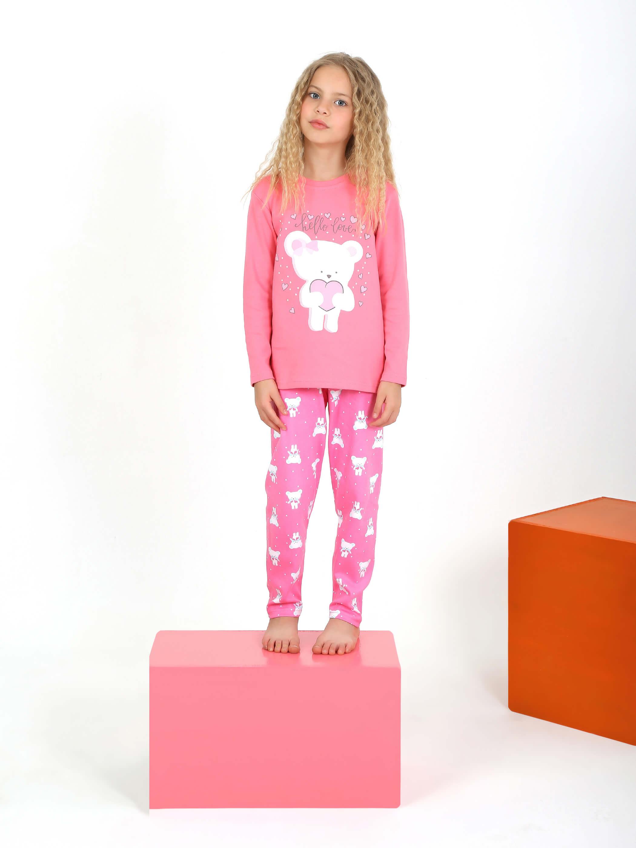 Kız Çocuk Uzun Kollu Fiyonklu Ayıcık Model Pijama Takımı