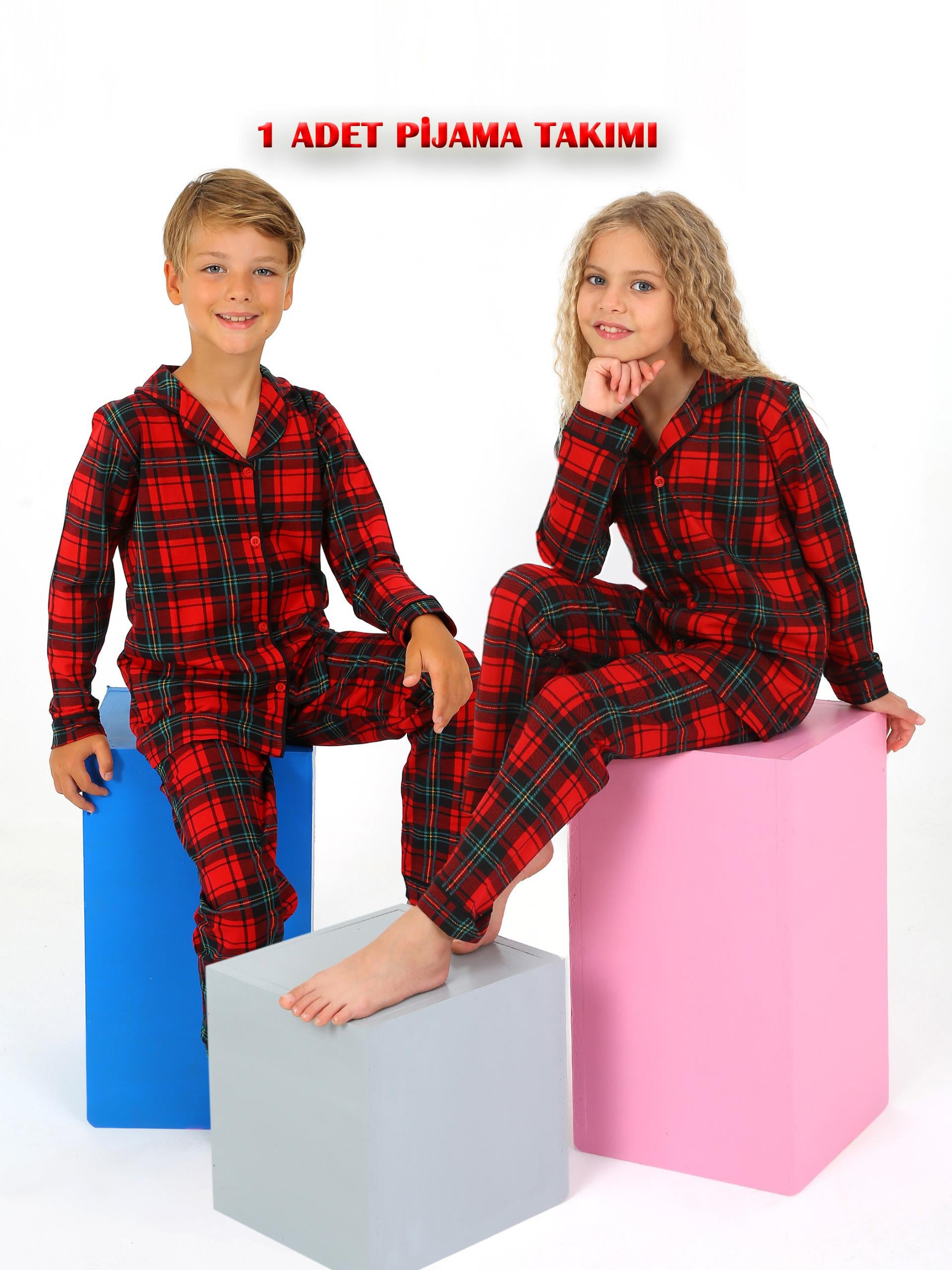 Kız / Erkek Çocuk Uzun Kollu Düğmeli Pamuklu Ekoseli Pijama Takımı