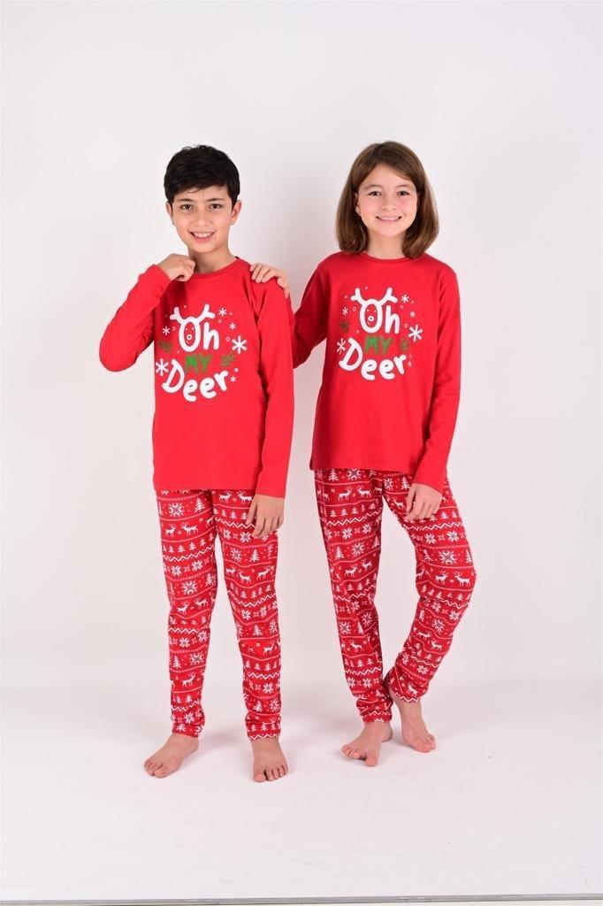 Kız / Erkek Çocuk Yılbaşı Geyik Desen Uzun Kollu %100 Pamuklu Pijama Takımı