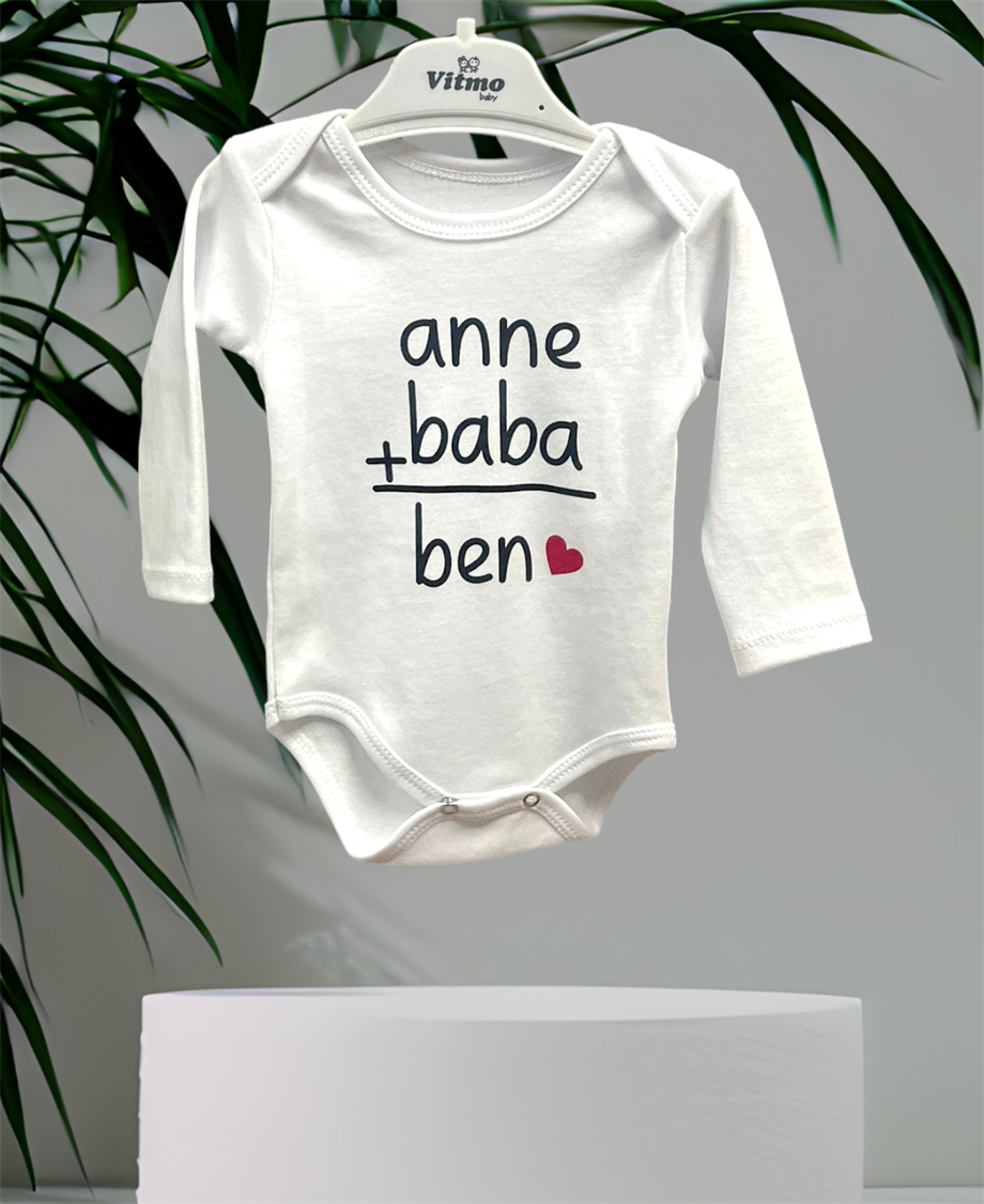 Özel Tasarım Anne+Baba %100 Doğal Pamuk Organik Baskılı Çıtçıtlı Uzun Kollu Body Zıbın Bebek Badi