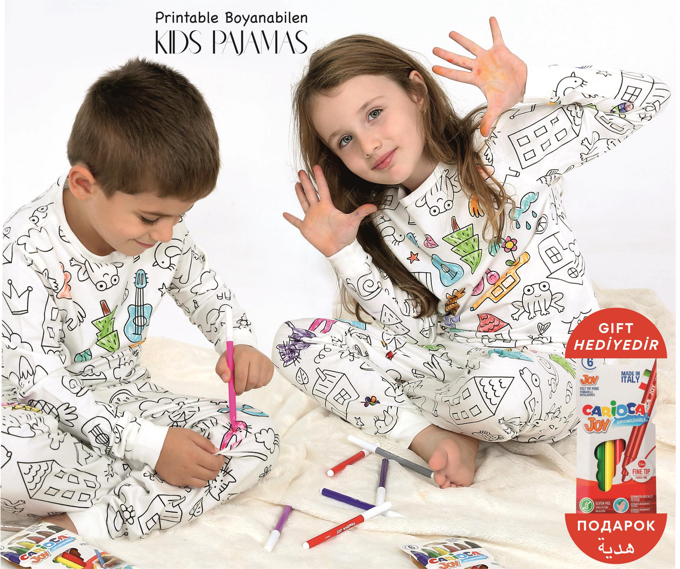 Uzun Kollu Özel Kalem Hediye BOYANABİLİR Kız Erkek Çocuk Pijama Takımı (Yıkama Sonrası Leke Bırakm
