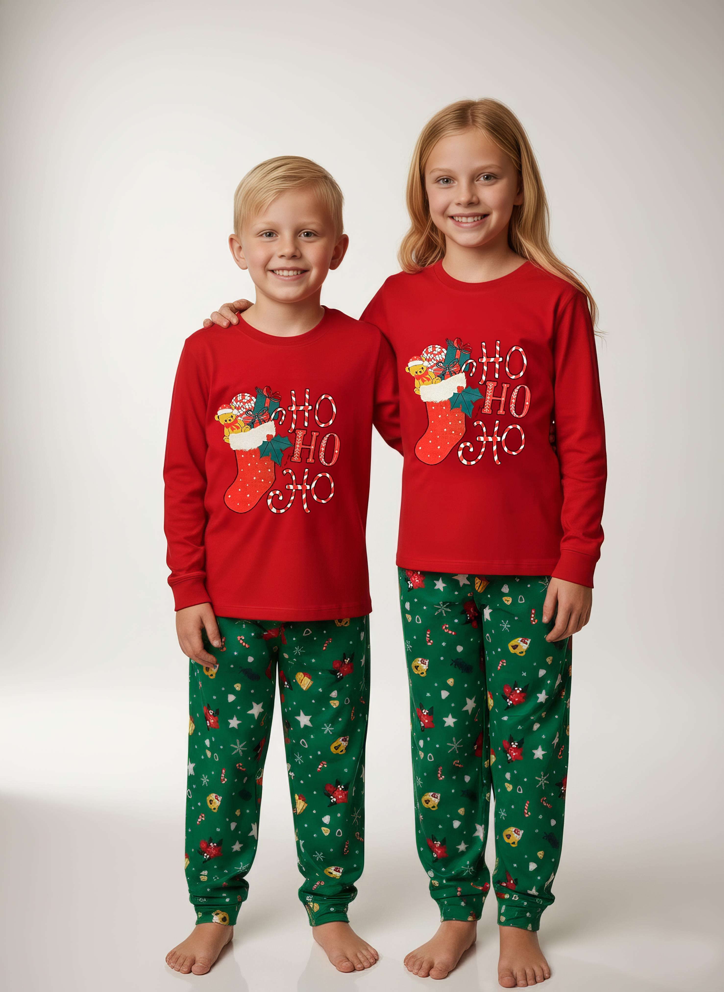 Yılbaşı 1-15 Yaş Çocuk Uzun Kollu %100 pamuk Pijama Takımı Yeni Yıl Jolly (1 Adet)