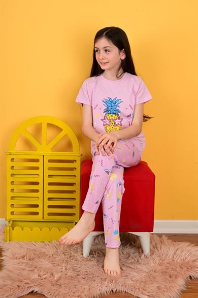 kız çocuk kısa kollu pijama takımı hello pıneapple model lila 