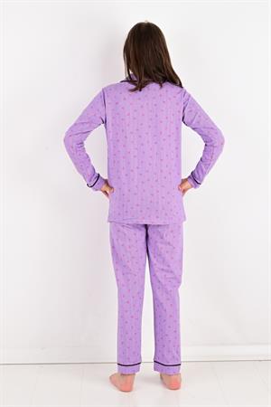 Kız Düğmeli Çizgili Kalpli Pijama Takımı