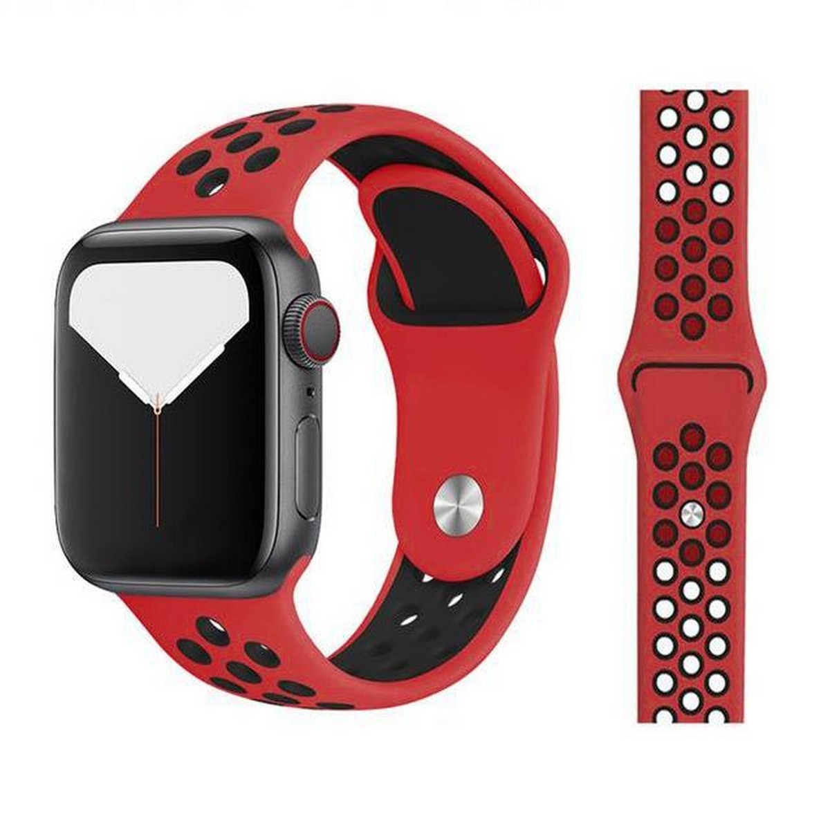 Apple Watch Delikli Silikon Spor Kordon Kırmızı Siyah
