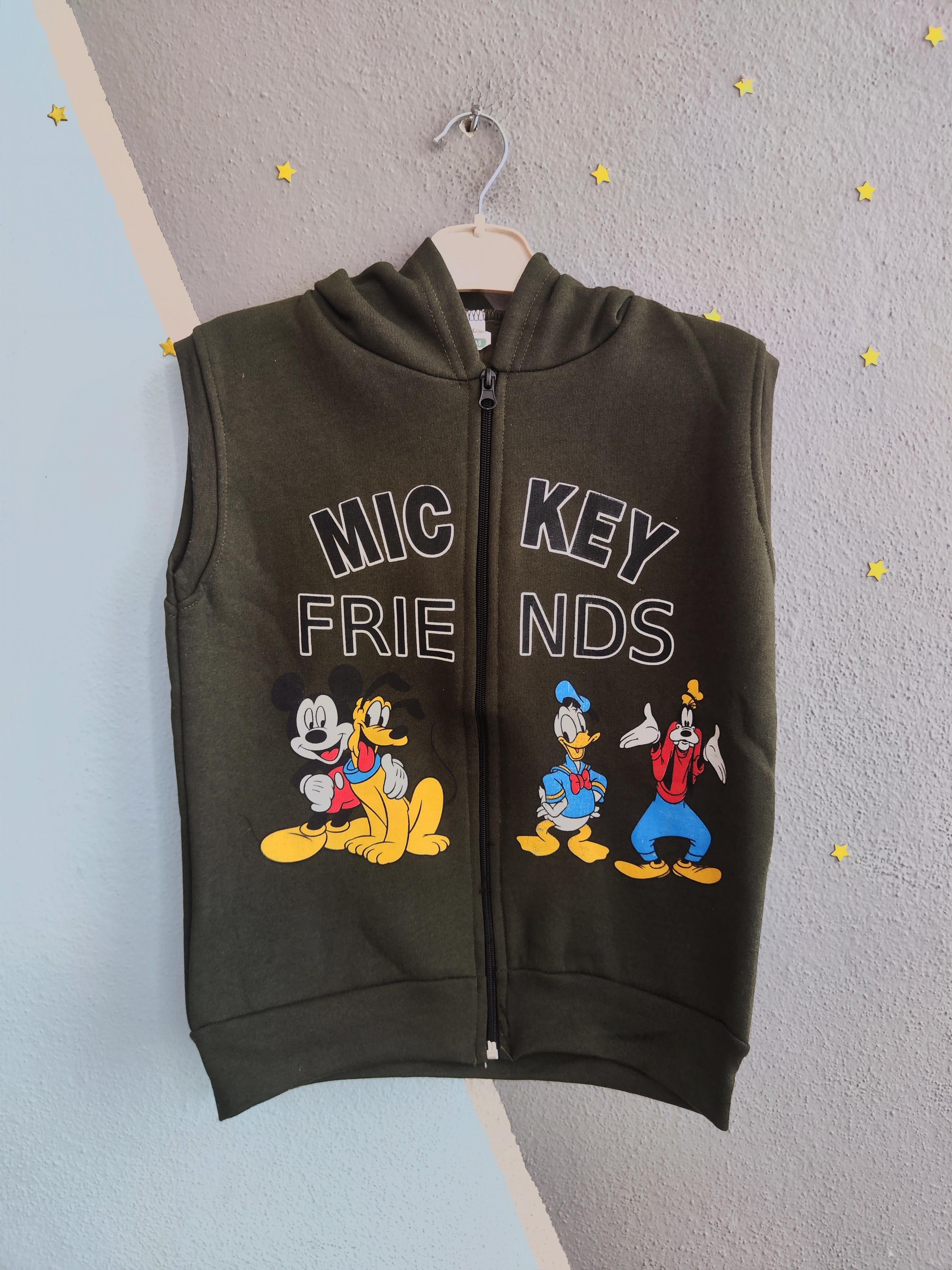 1242 - Mickey  Friends Baskılı Kapüşonlu Erkek Yelek - Haki