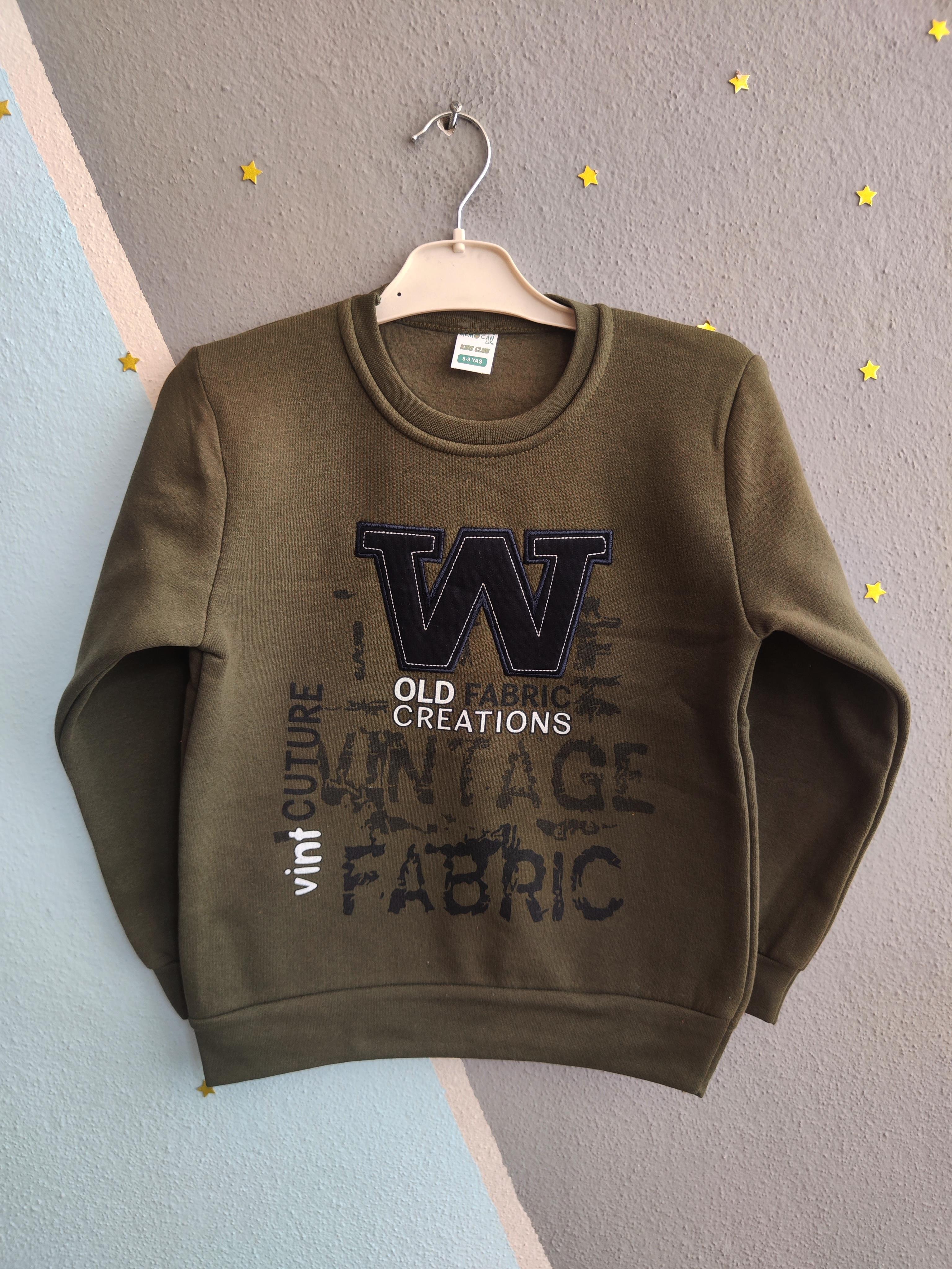 1255 - W Baskılı 3 İp Erkek Sweatshirt - Haki
